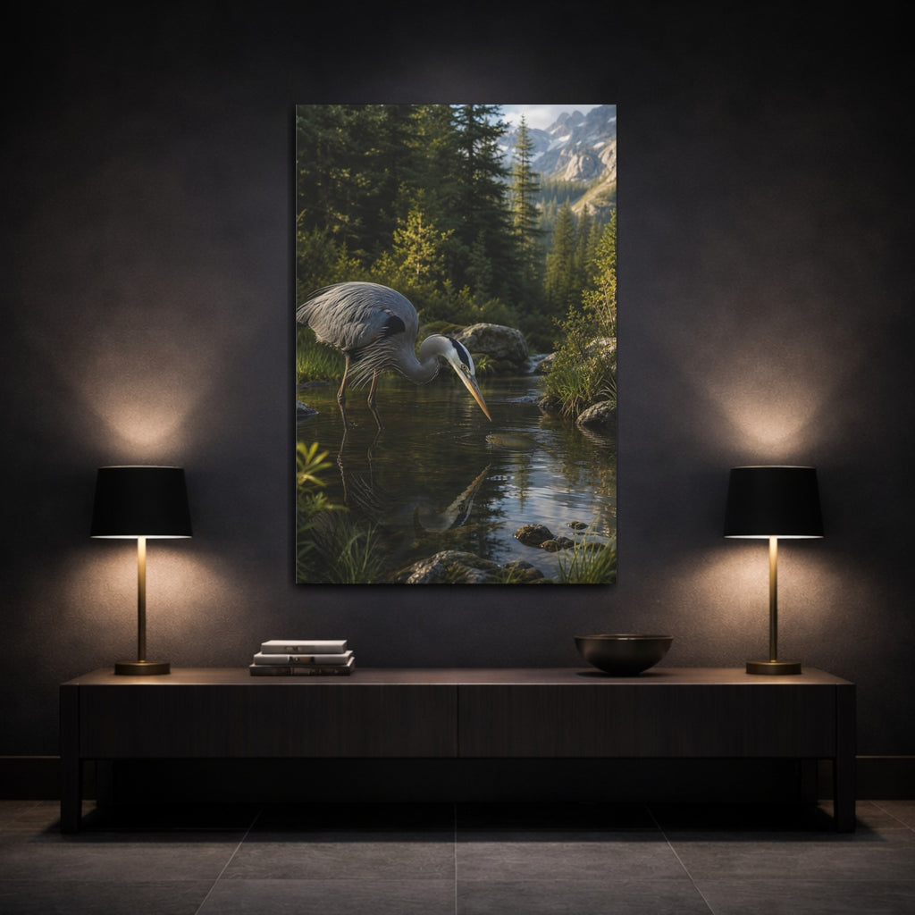 Mockup 3. Nature Heron, Fish Heron Nature Scene shown as stretched canvas wall art