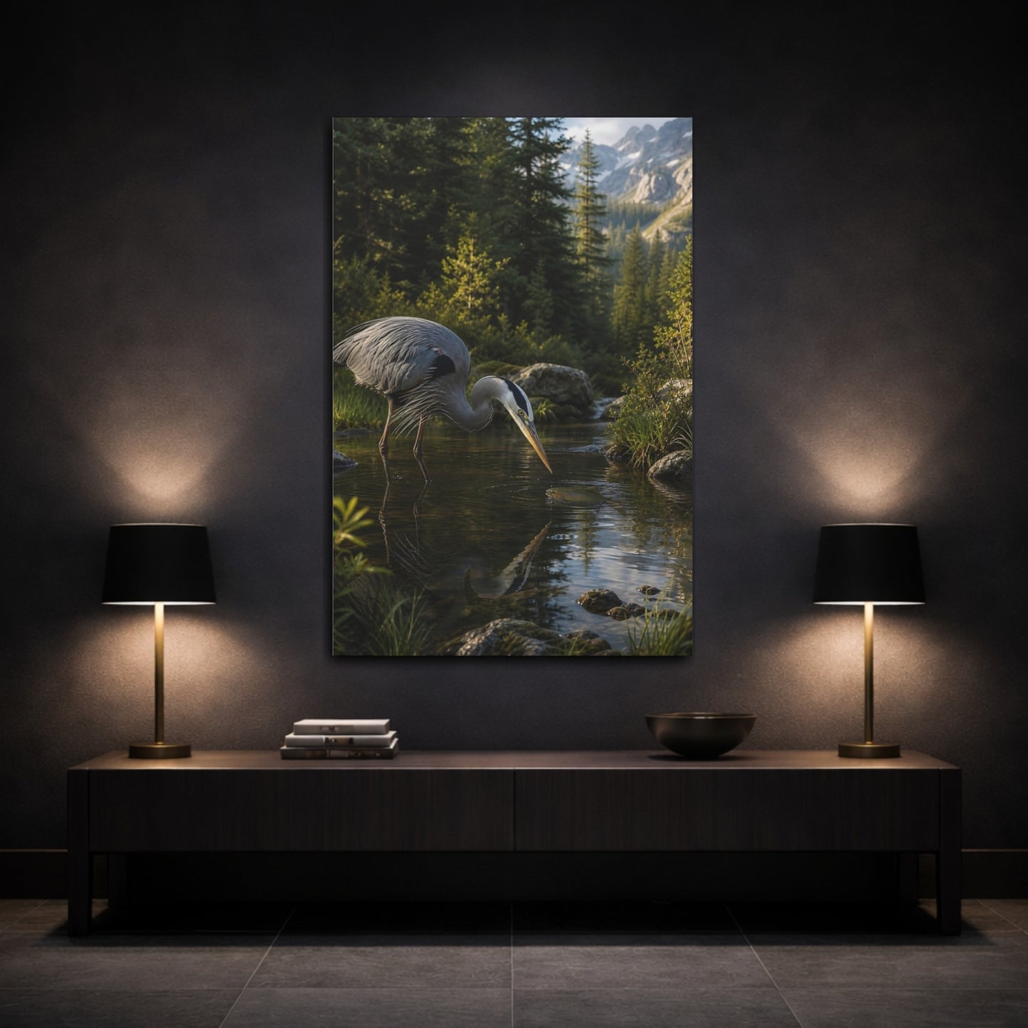 Mockup 3. Nature Heron, Fish Heron Nature Scene shown as stretched canvas wall art