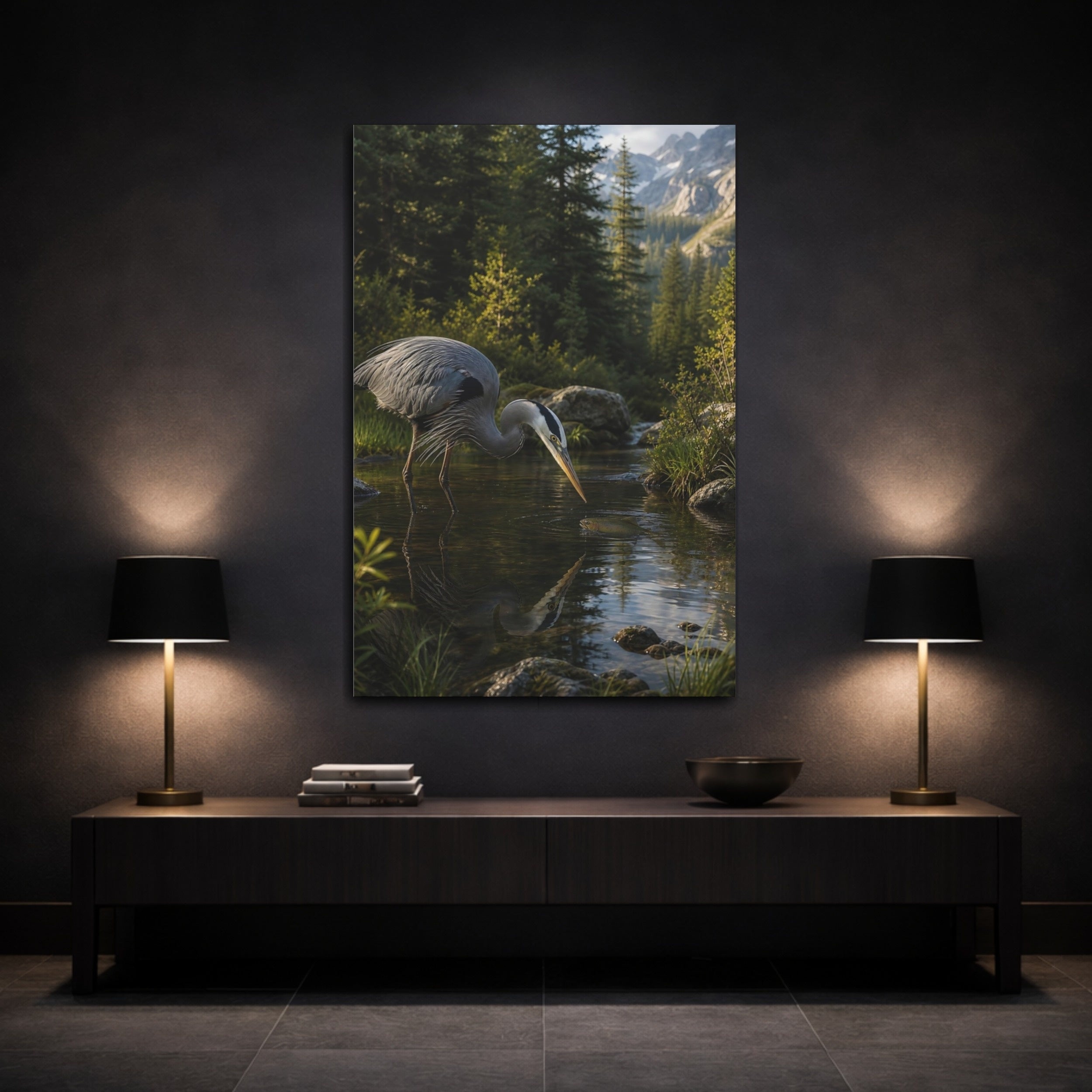 Mockup 3. Nature Heron, Fish Heron Nature Scene shown as stretched canvas wall art