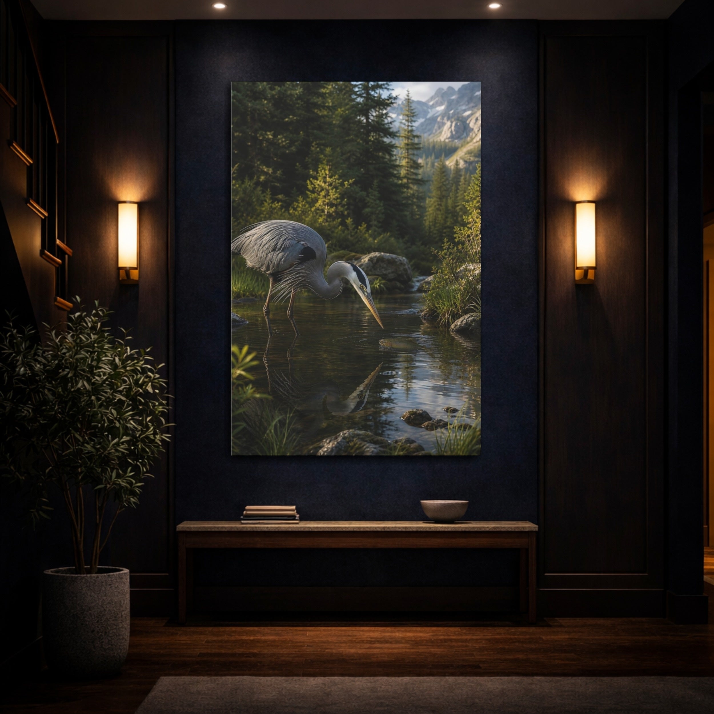 Mockup 4. Nature Heron, Fish Heron Nature Scene shown as stretched canvas wall art