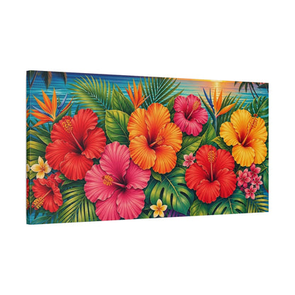Main Mockup. Nature Hibiscus Flowers Colorful Tropical shown as stretched canvas wall art
