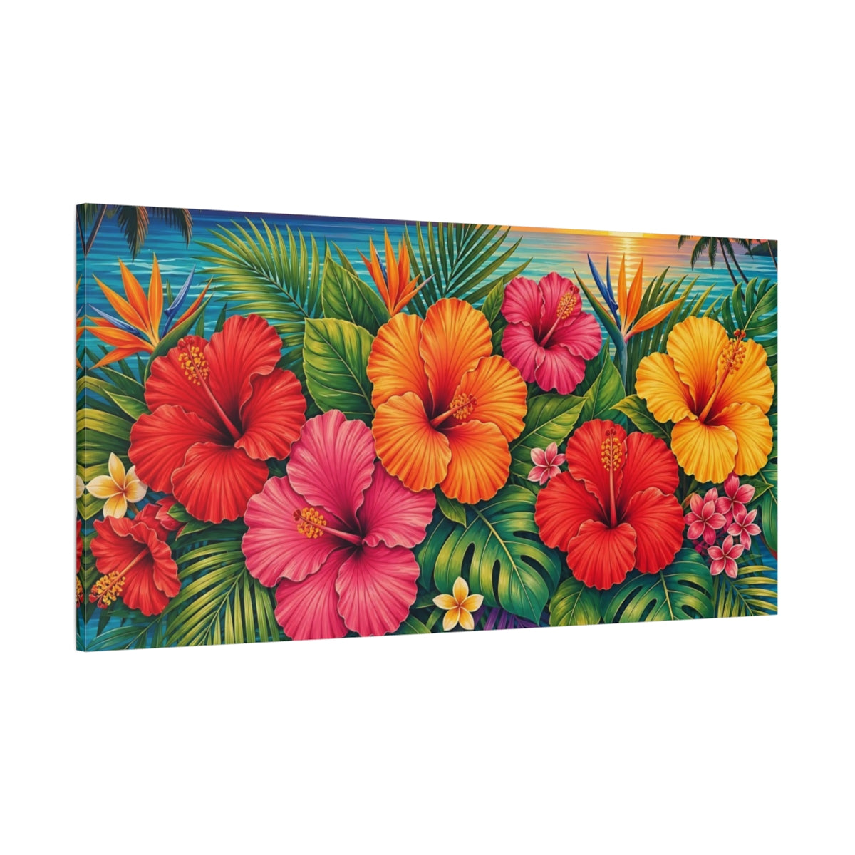 Side Mockup 2. Nature Hibiscus Flowers Colorful Tropical shown as stretched canvas wall art
