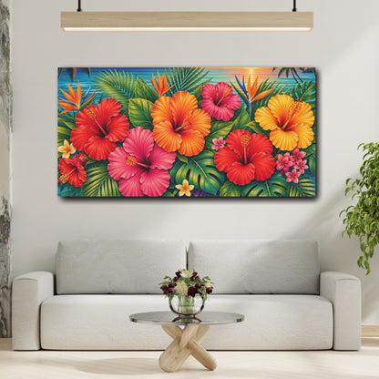 Mockup 2. Nature Hibiscus Flowers Colorful Tropical shown as stretched canvas wall art