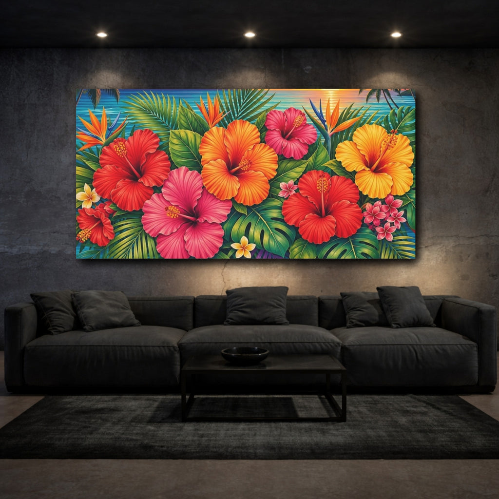 Mockup 3. Nature Hibiscus Flowers Colorful Tropical shown as stretched canvas wall art