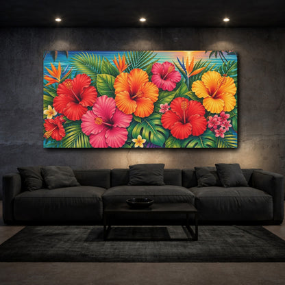 Mockup 3. Nature Hibiscus Flowers Colorful Tropical shown as stretched canvas wall art