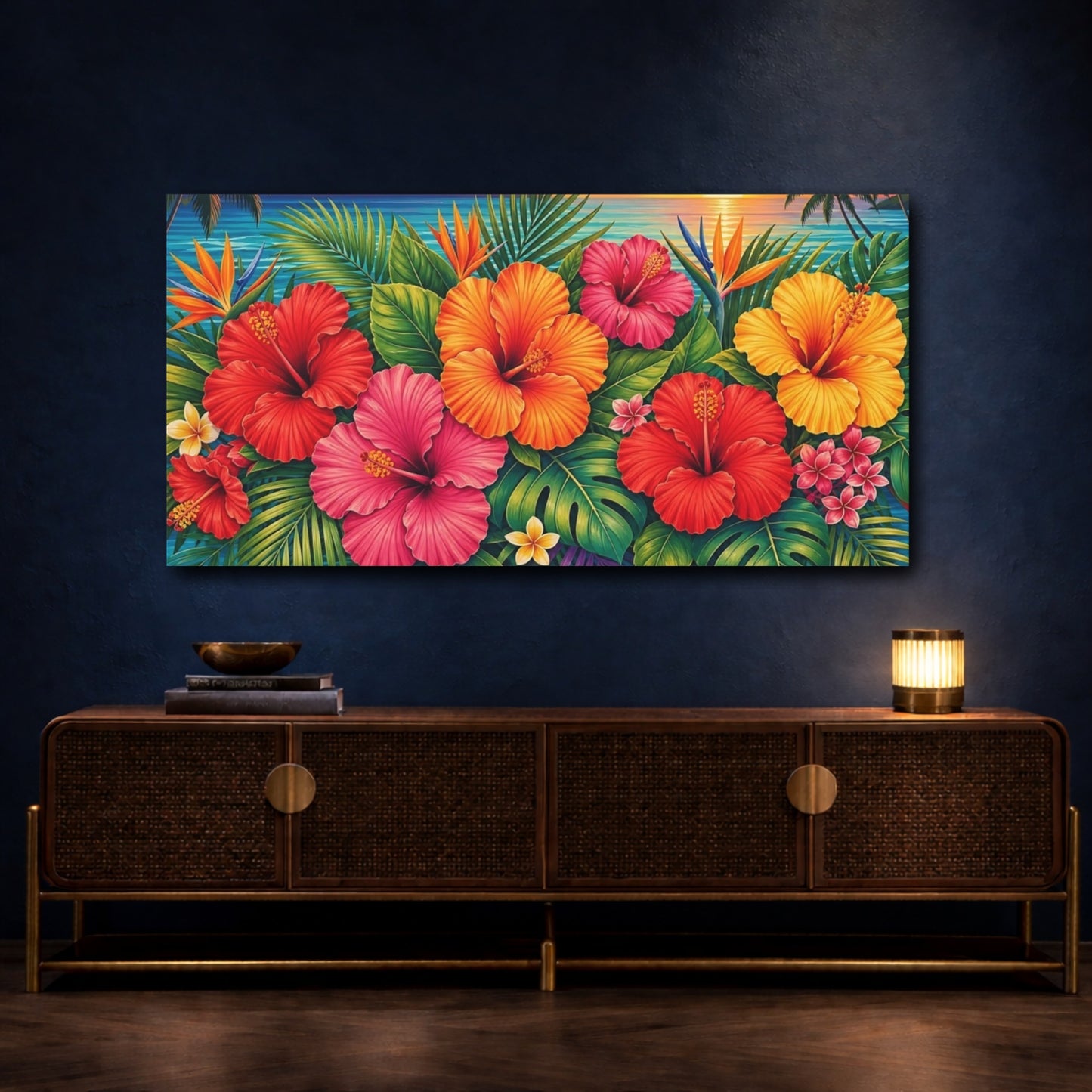 Mockup 4. Nature Hibiscus Flowers Colorful Tropical shown as stretched canvas wall art