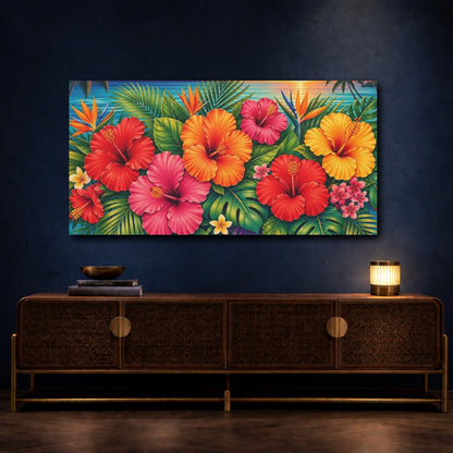 Mockup 4. Nature Hibiscus Flowers Colorful Tropical shown as stretched canvas wall art