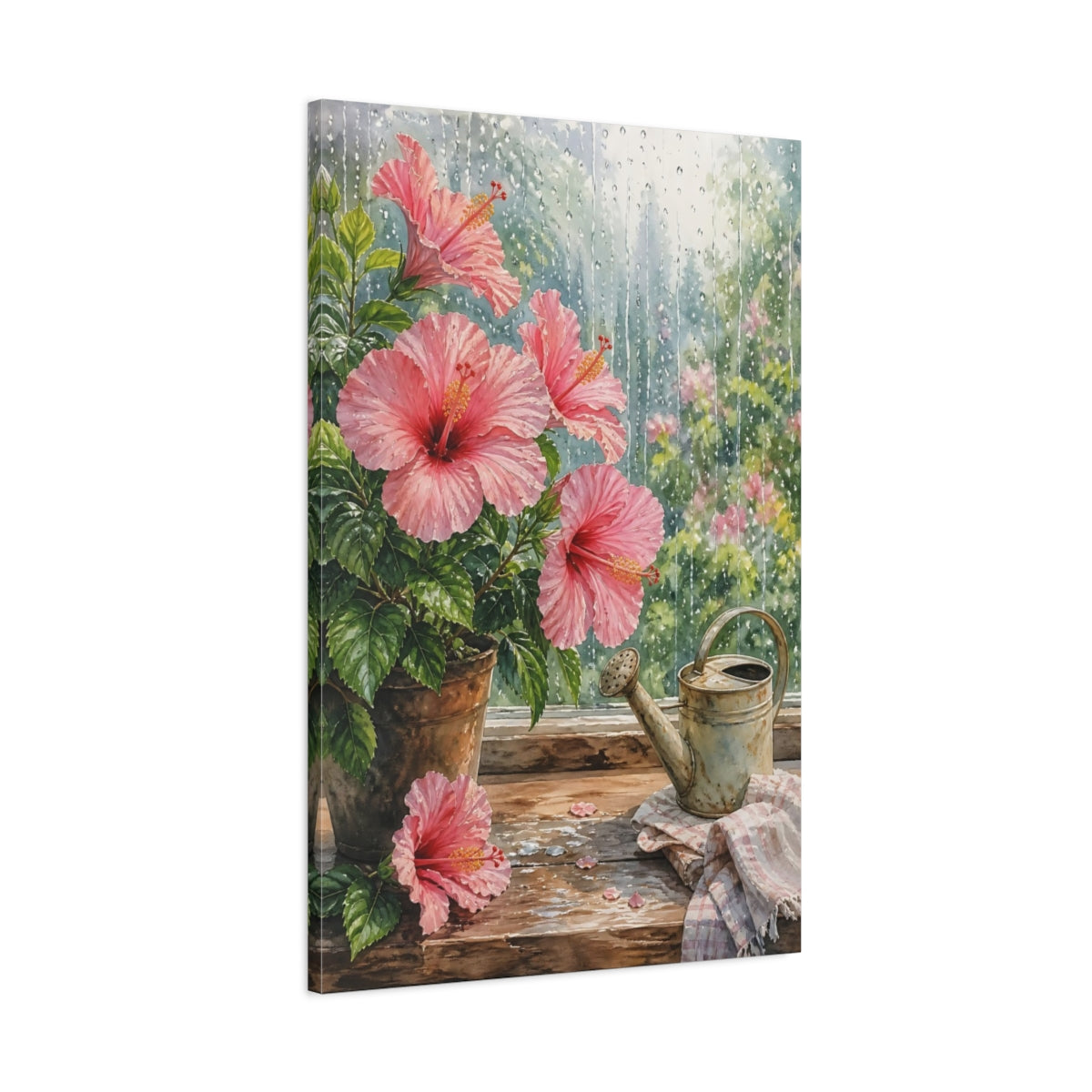 Main Mockup. Nature Hibiscus Pink Hibiscus Rainy shown as stretched canvas wall art