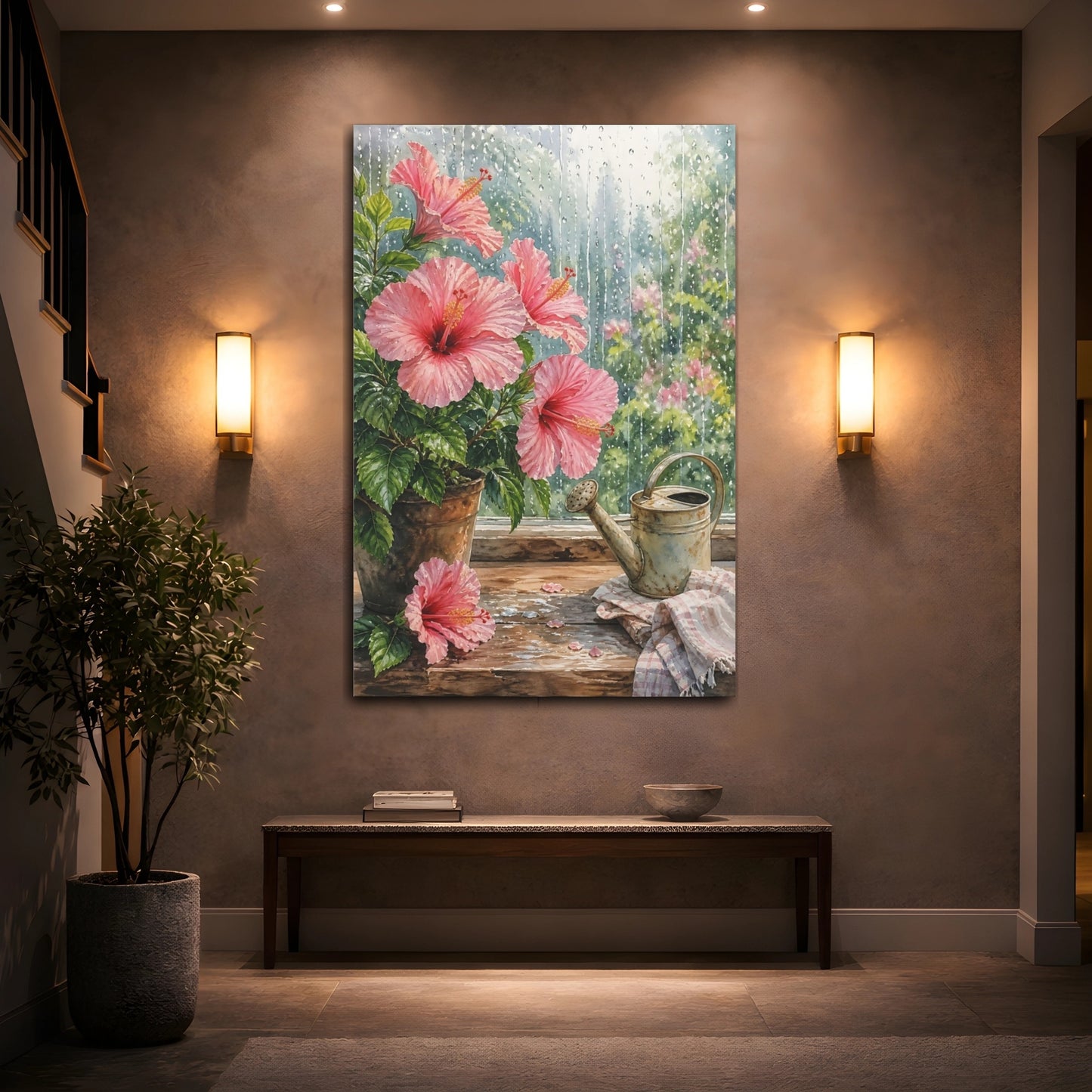 Mockup 2. Nature Hibiscus Pink Hibiscus Rainy shown as stretched canvas wall art