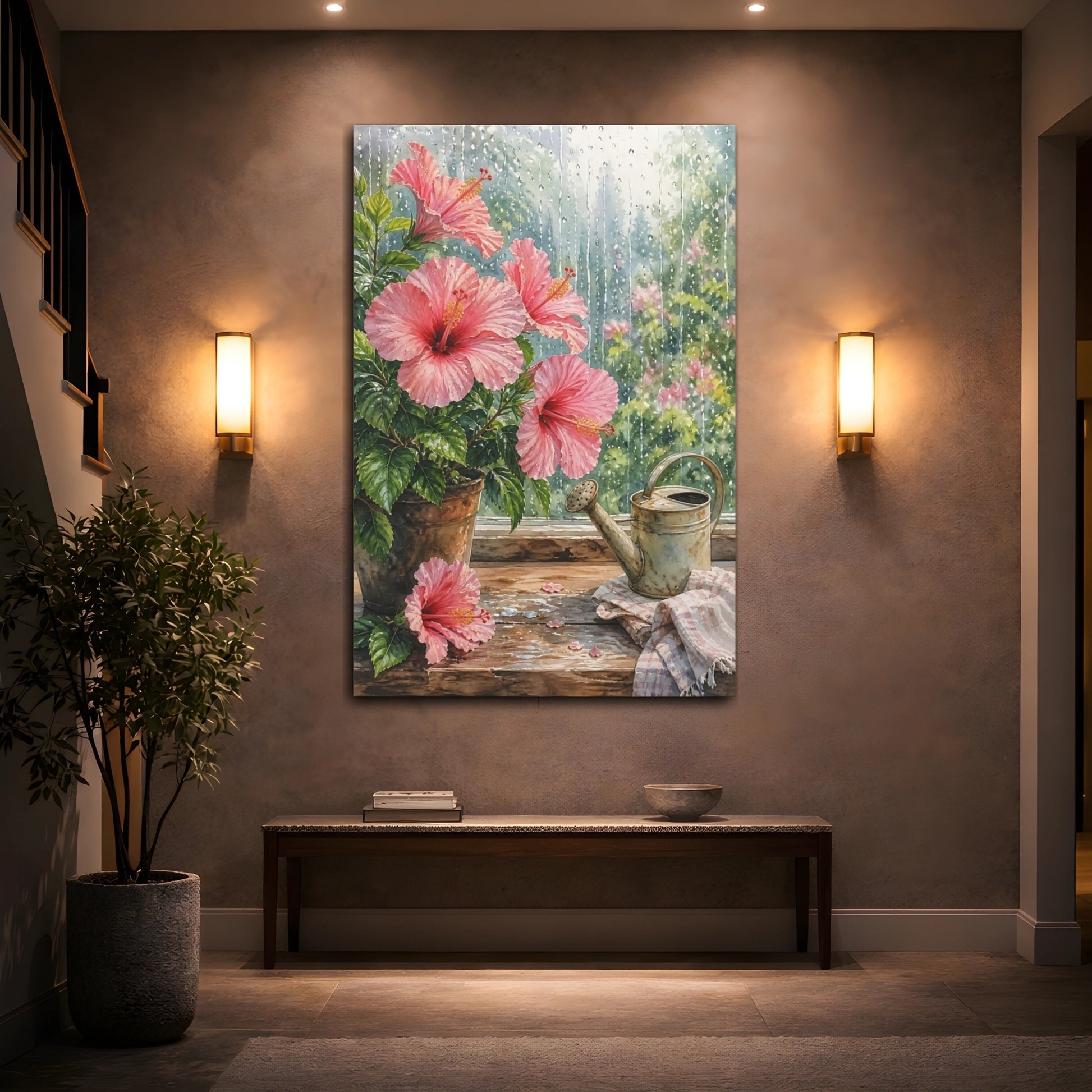 Mockup 2. Nature Hibiscus Pink Hibiscus Rainy shown as stretched canvas wall art