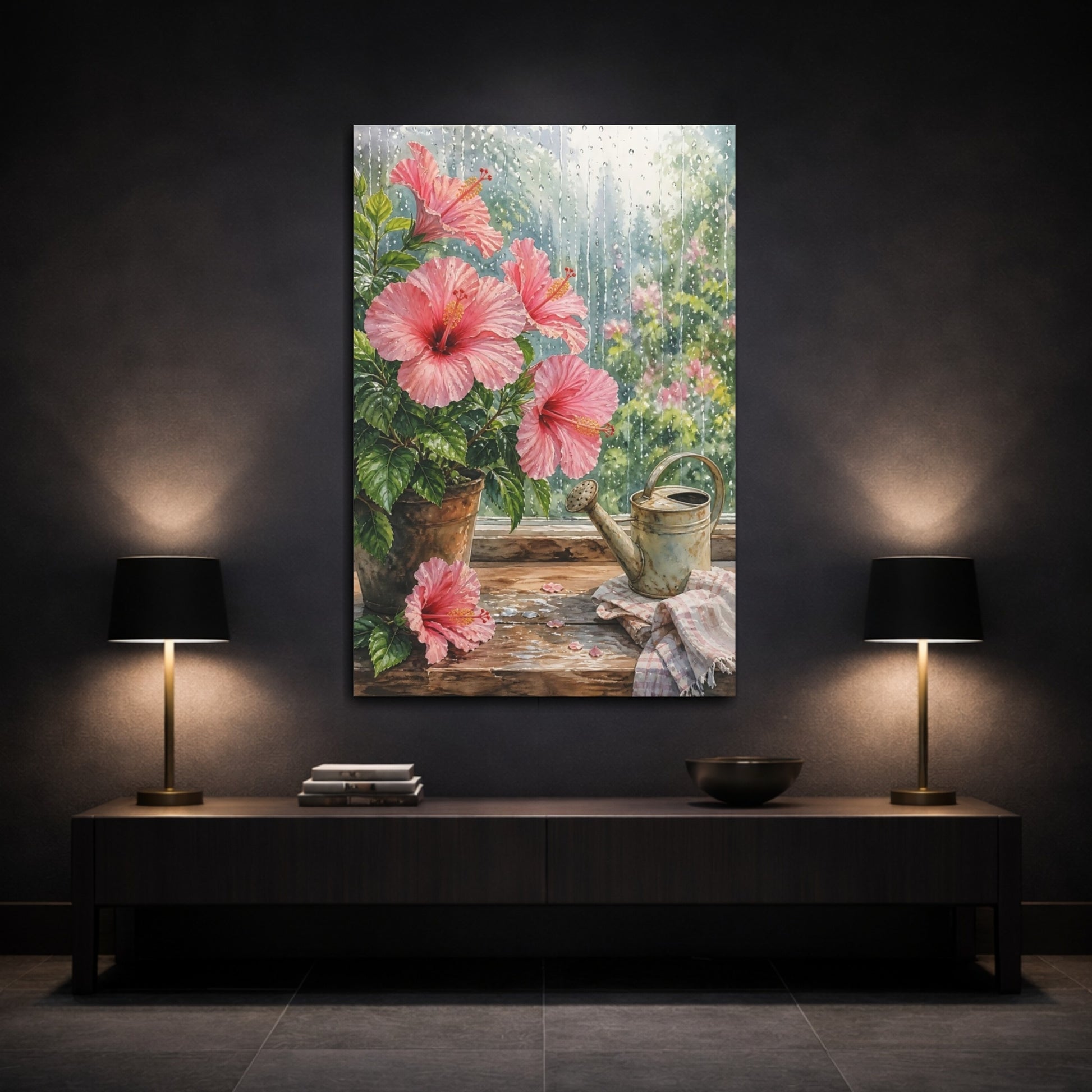 Mockup 3. Nature Hibiscus Pink Hibiscus Rainy shown as stretched canvas wall art