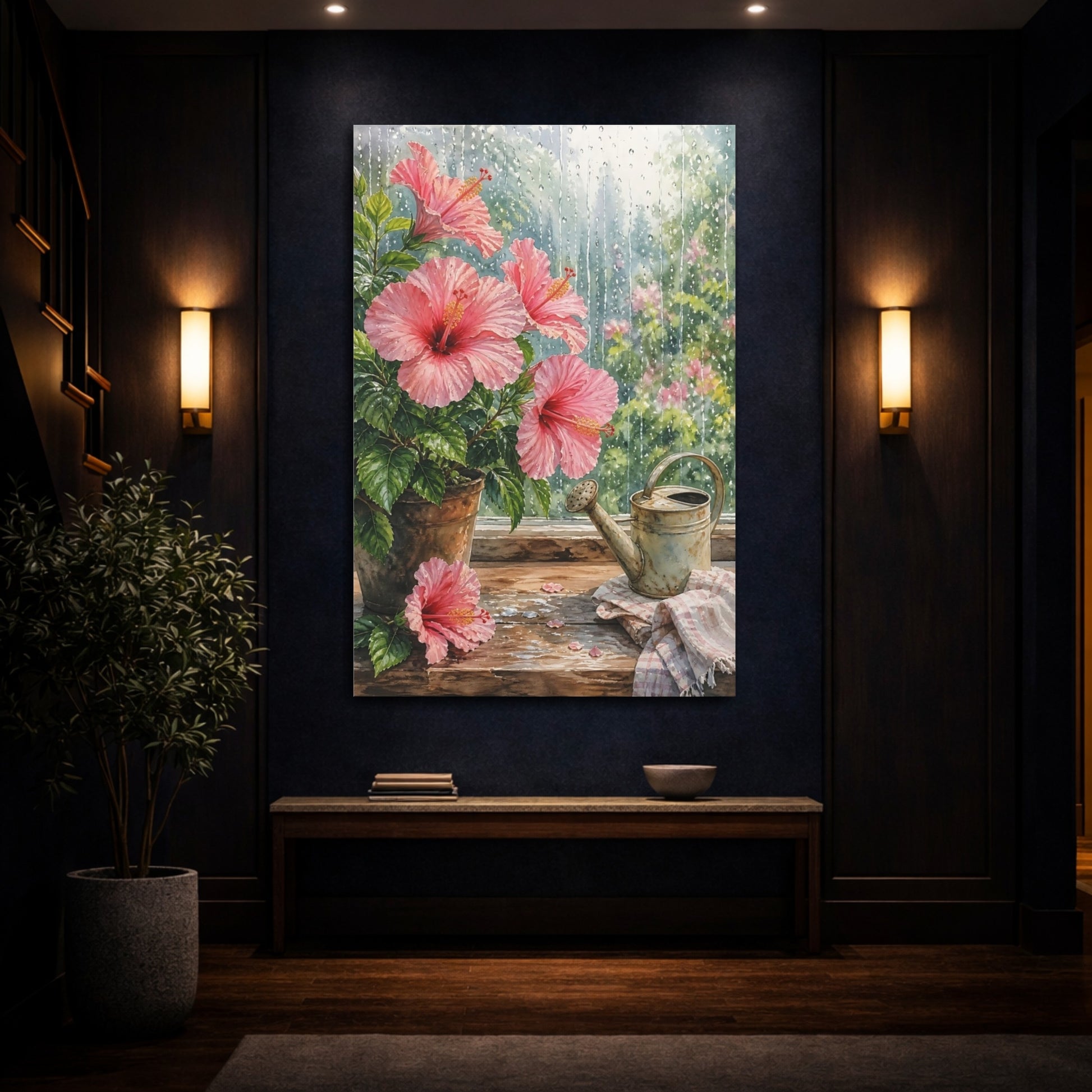 Mockup 4. Nature Hibiscus Pink Hibiscus Rainy shown as stretched canvas wall art