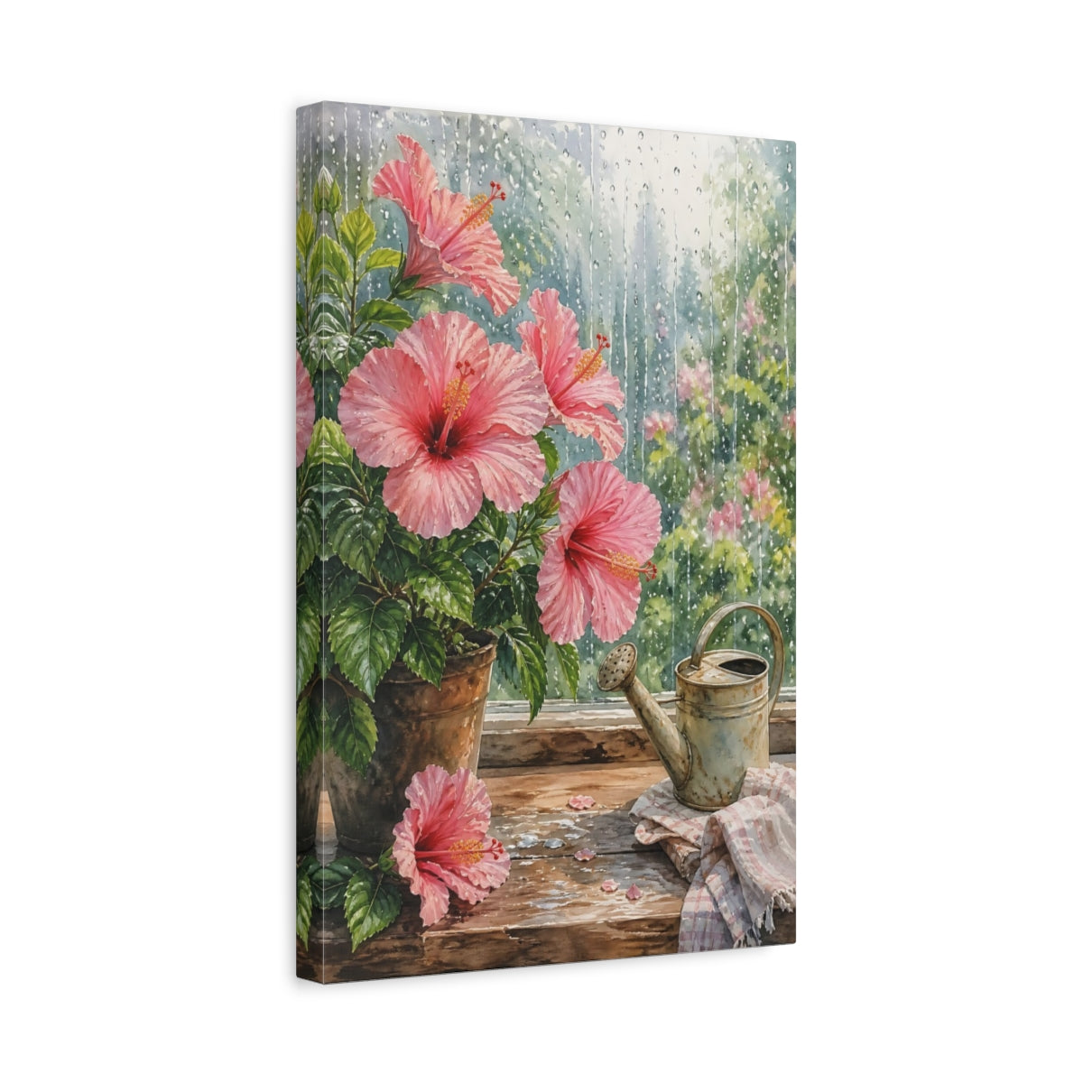 Side Mockup 4. Nature Hibiscus Pink Hibiscus Rainy shown as stretched canvas wall art
