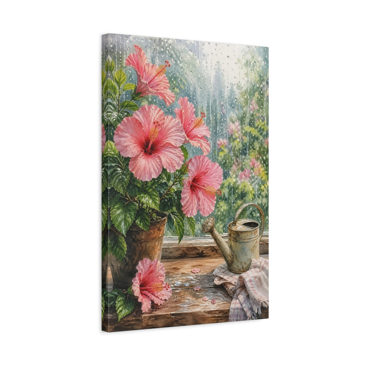Side Mockup 3. Nature Hibiscus Pink Hibiscus Rainy shown as stretched canvas wall art