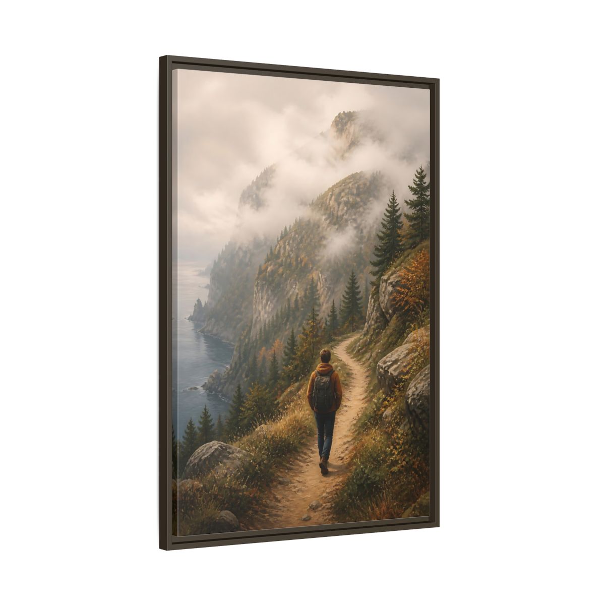 Main Mockup. Nature Hiker Misty Mountain Trail shown as stretched canvas wall art