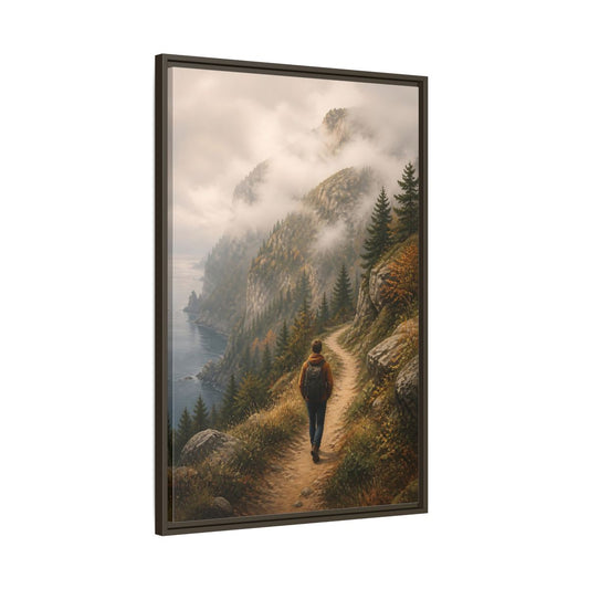 Main Mockup. Nature Hiker Misty Mountain Trail shown as stretched canvas wall art