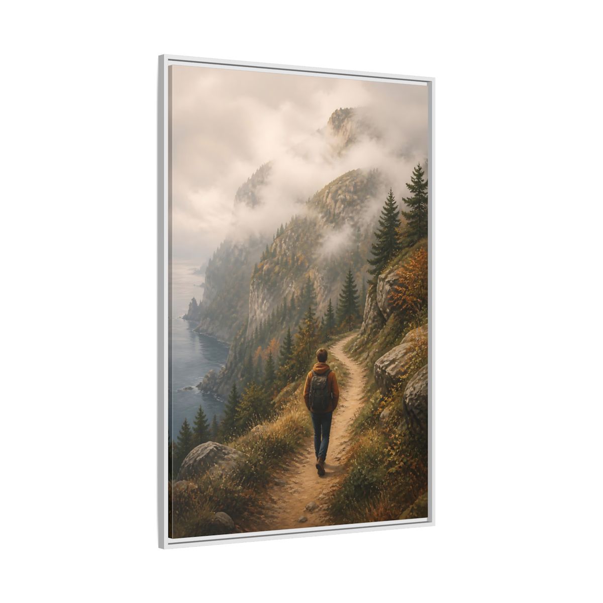 Side Mockup 7. Nature Hiker Misty Mountain Trail shown as stretched canvas wall art