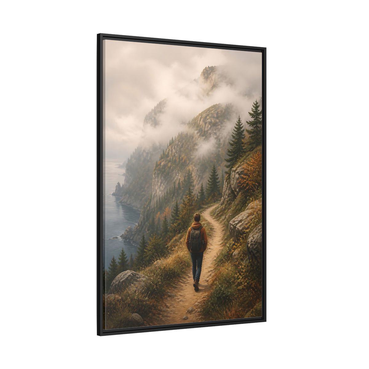 Side Mockup 12. Nature Hiker Misty Mountain Trail shown as stretched canvas wall art
