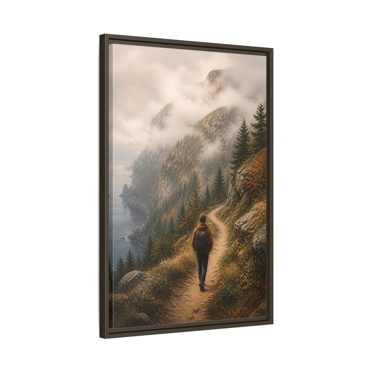 Side Mockup 11. Nature Hiker Misty Mountain Trail shown as stretched canvas wall art