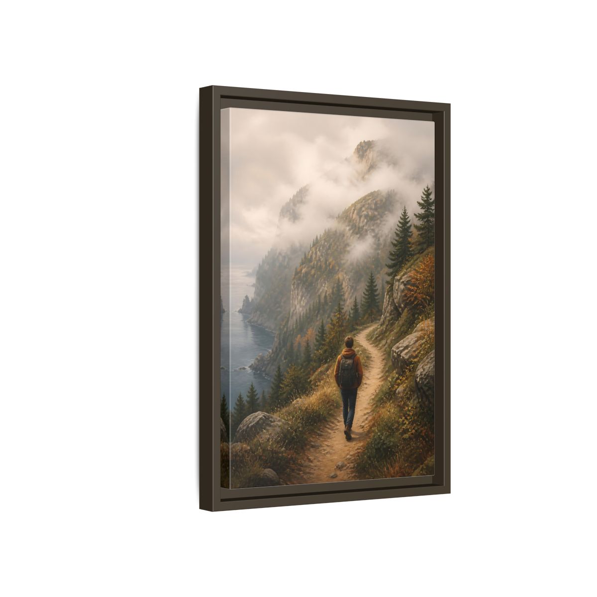 Side Mockup 5. Nature Hiker Misty Mountain Trail shown as stretched canvas wall art