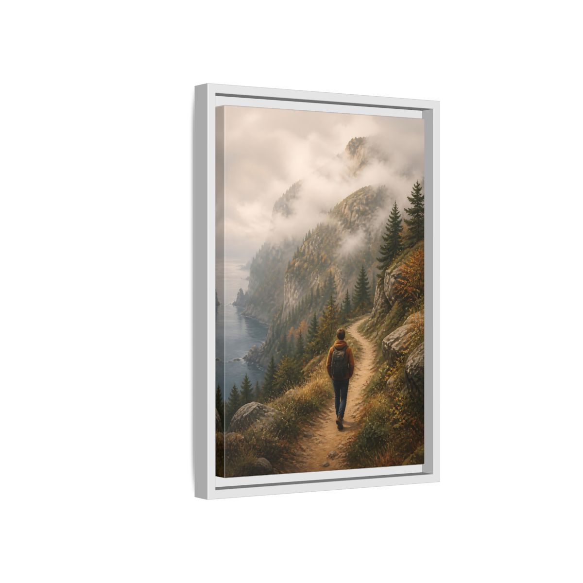Side Mockup 4. Nature Hiker Misty Mountain Trail shown as stretched canvas wall art