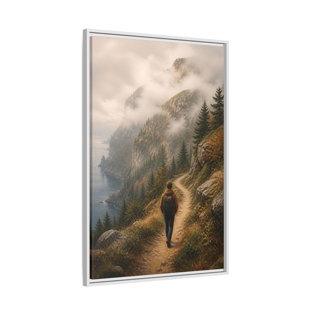 Side Mockup 9. Nature Hiker Misty Mountain Trail shown as stretched canvas wall art