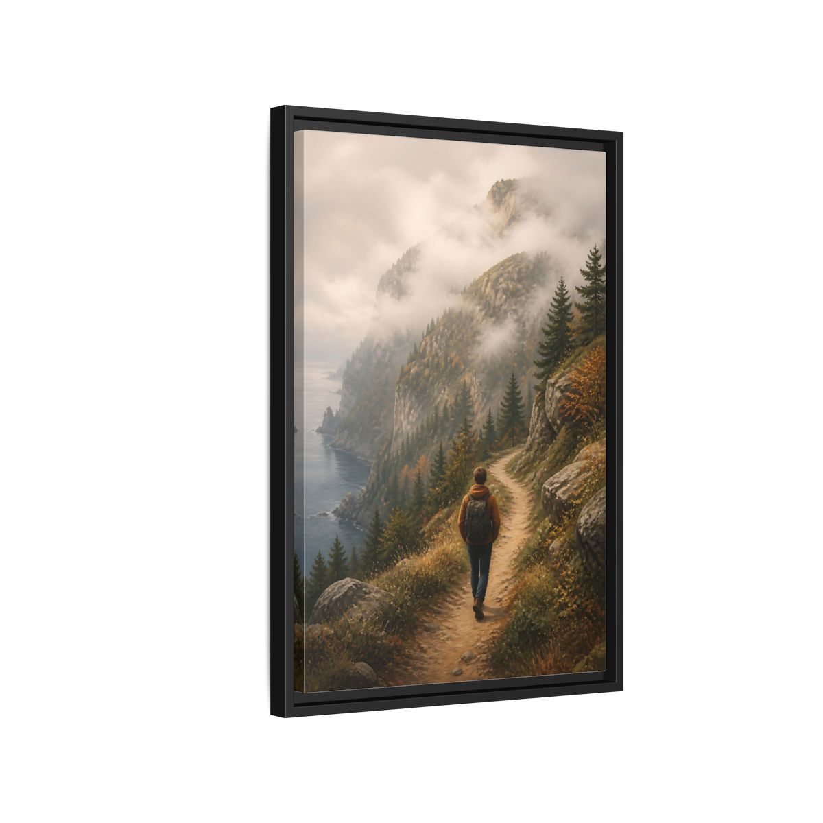 Side Mockup 3. Nature Hiker Misty Mountain Trail shown as stretched canvas wall art