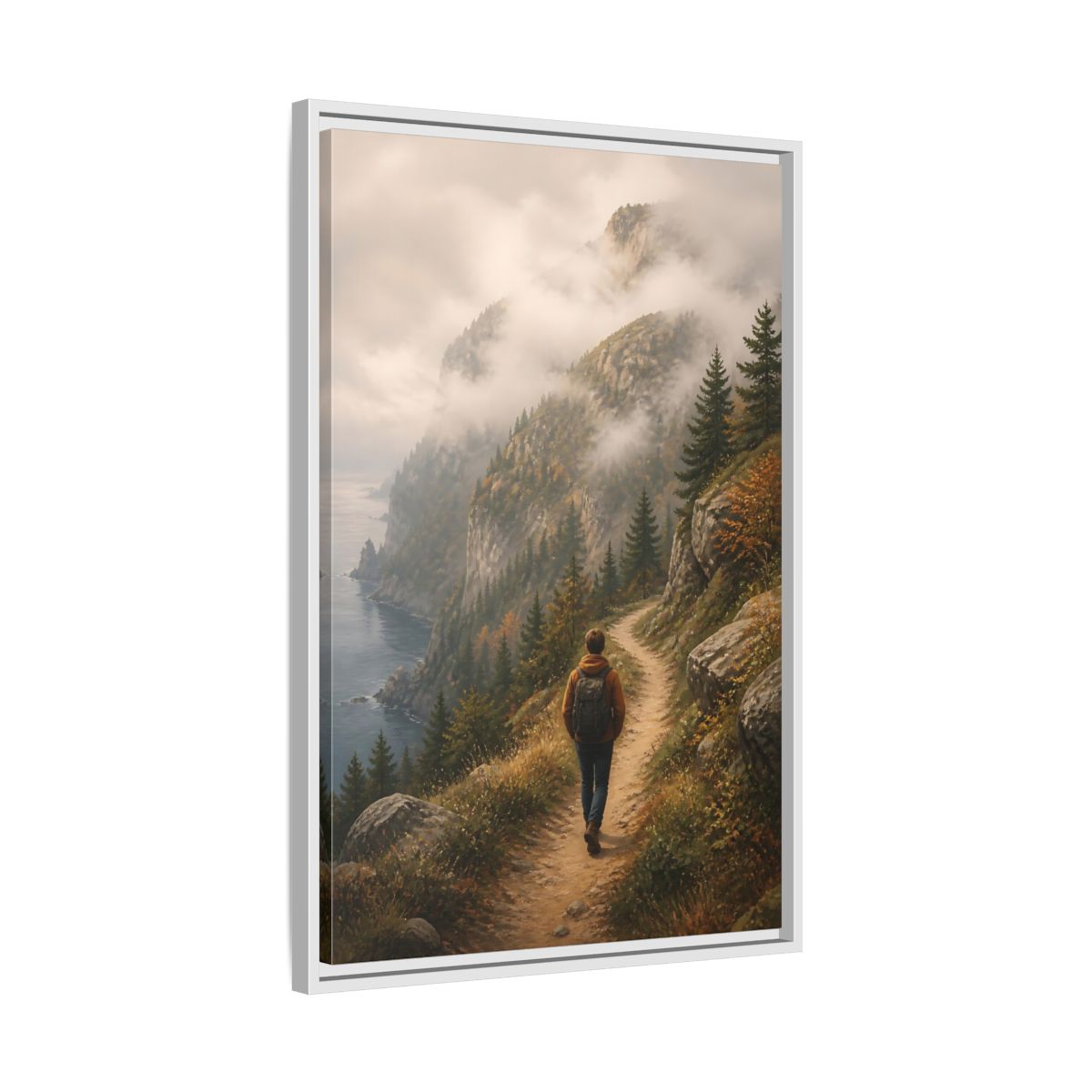 Side Mockup 10. Nature Hiker Misty Mountain Trail shown as stretched canvas wall art