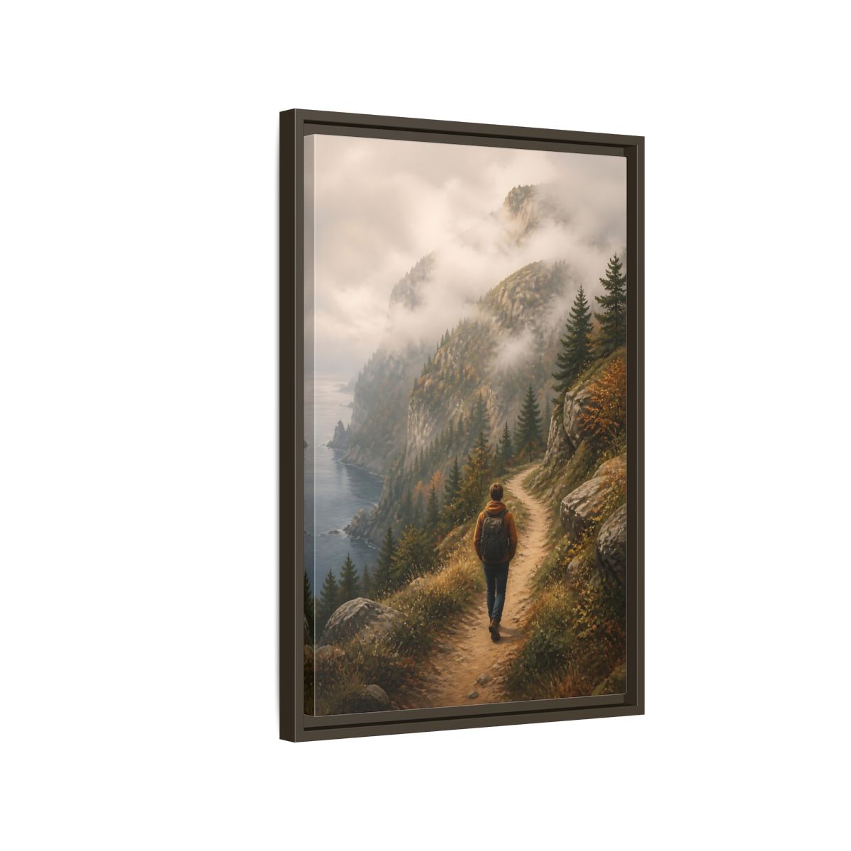 Side Mockup 2. Nature Hiker Misty Mountain Trail shown as stretched canvas wall art