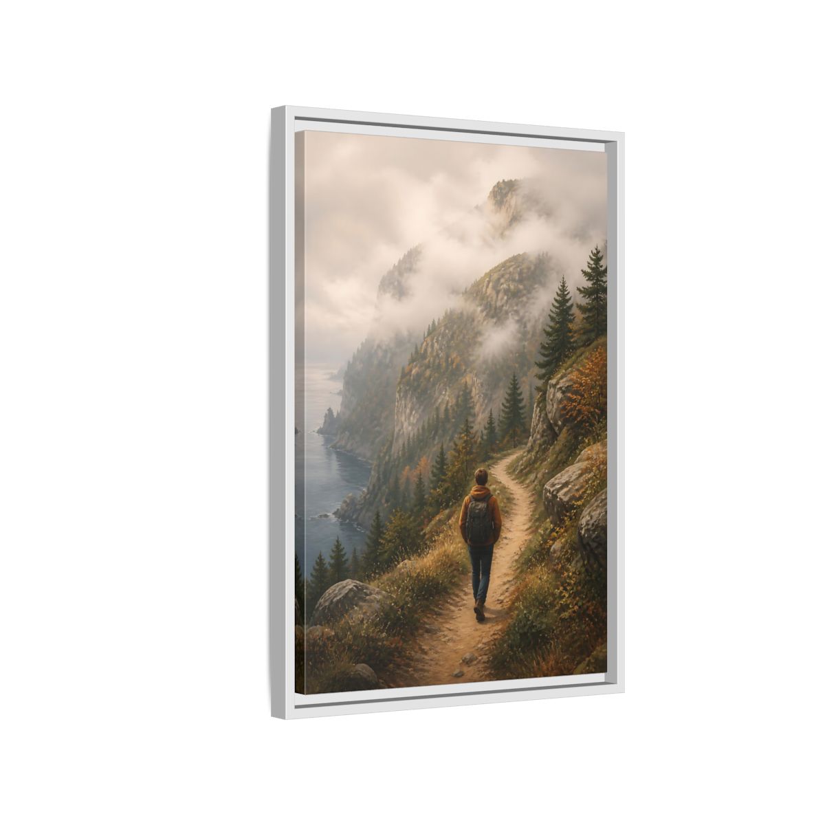 Side Mockup 1. Nature Hiker Misty Mountain Trail shown as stretched canvas wall art