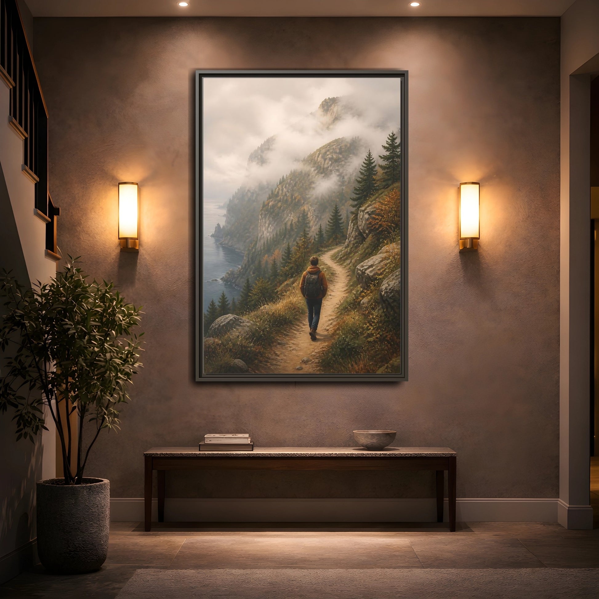 Mockup 2. Nature Hiker Misty Mountain Trail shown as stretched canvas wall art