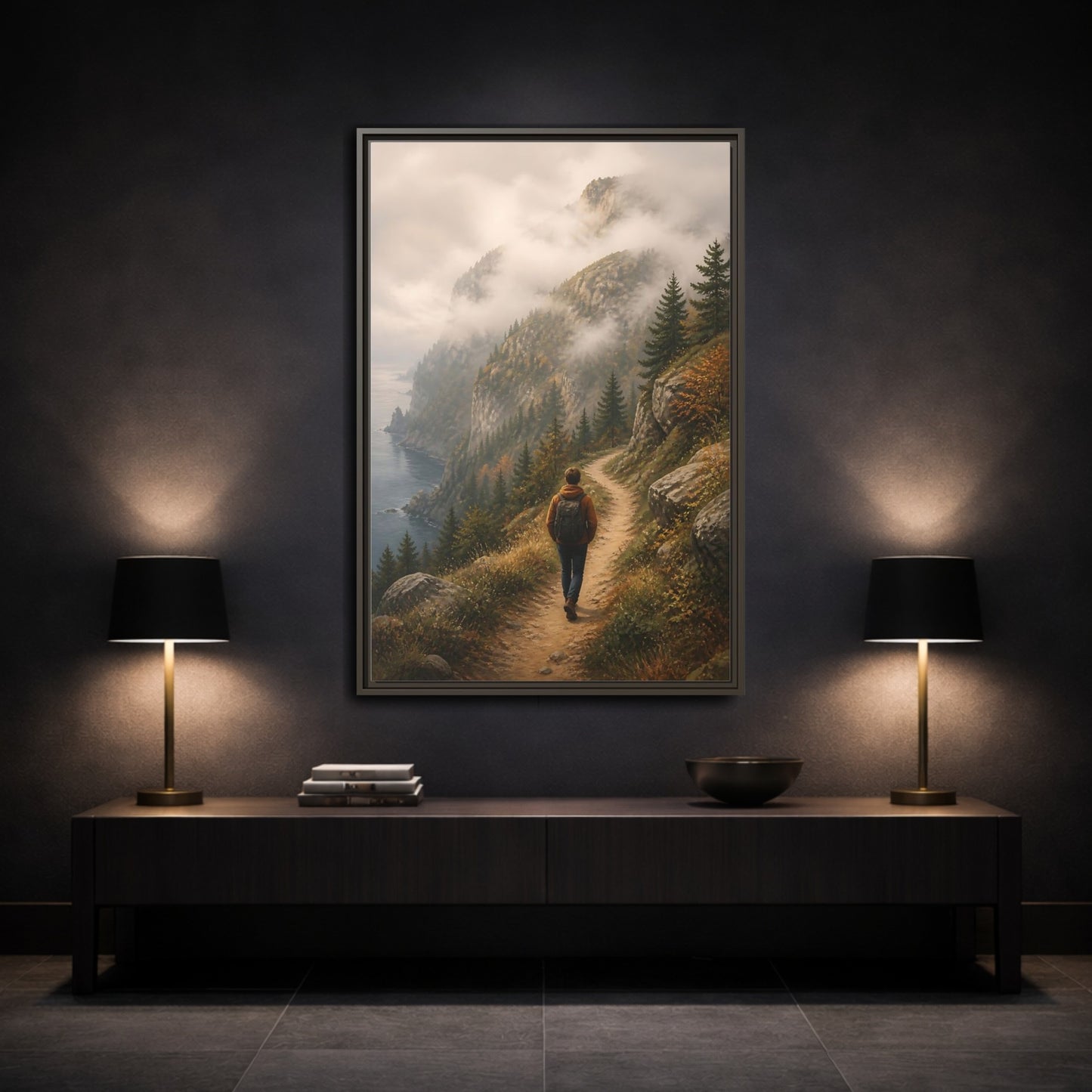 Mockup 3. Nature Hiker Misty Mountain Trail shown as stretched canvas wall art