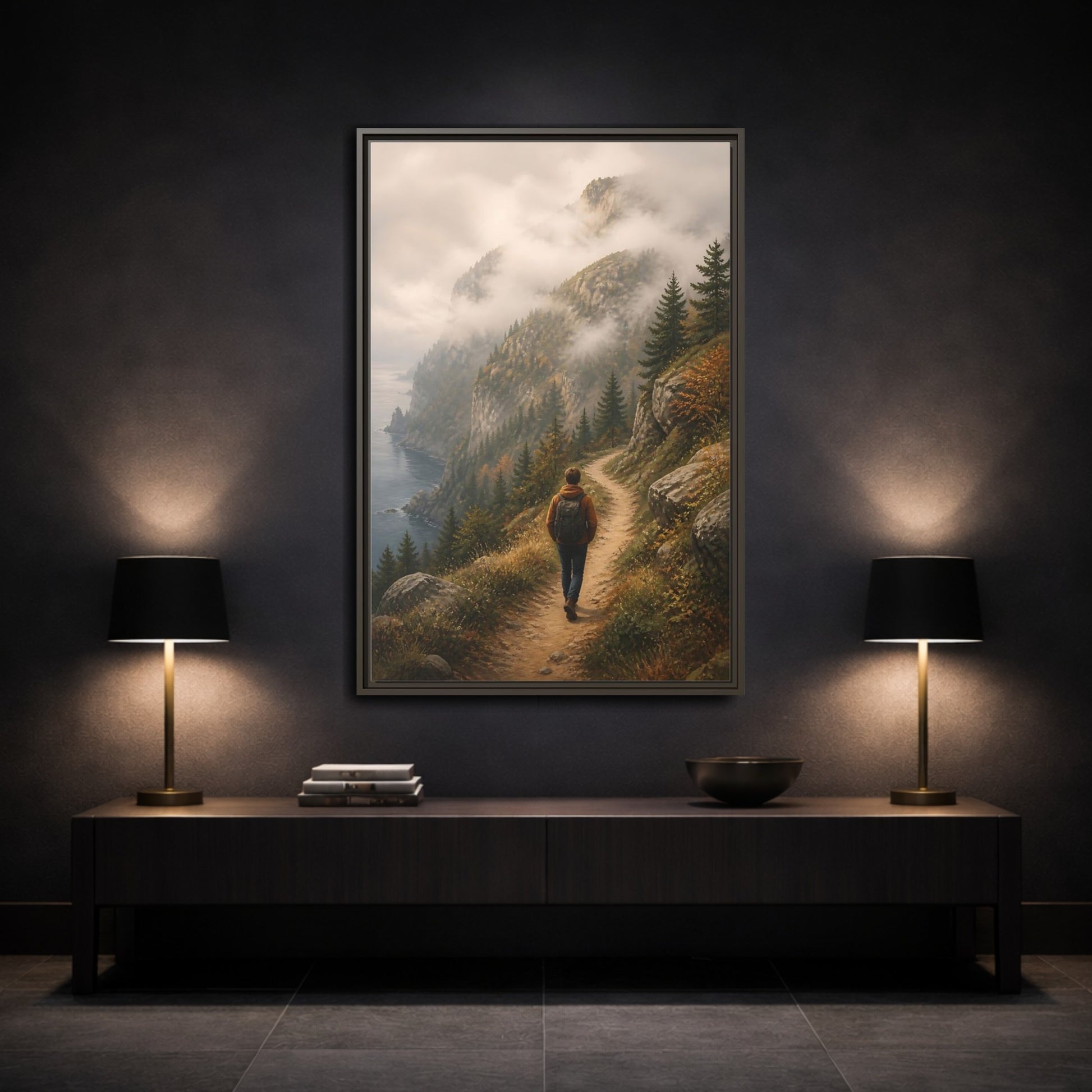 Mockup 3. Nature Hiker Misty Mountain Trail shown as stretched canvas wall art