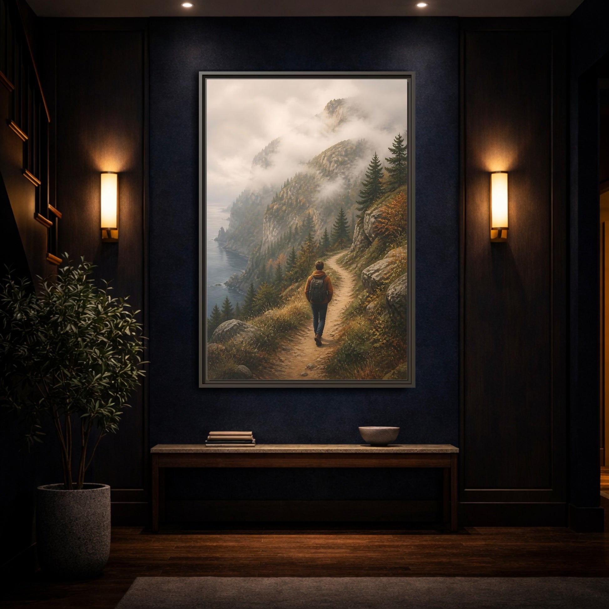 Mockup 4. Nature Hiker Misty Mountain Trail shown as stretched canvas wall art