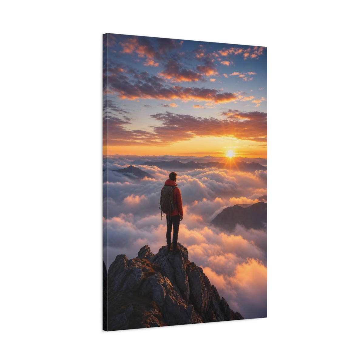 Nature Hiker Sunset Mountain Canvas Wall Art Print - Living Room, Above Sofa shown as canvas wall art