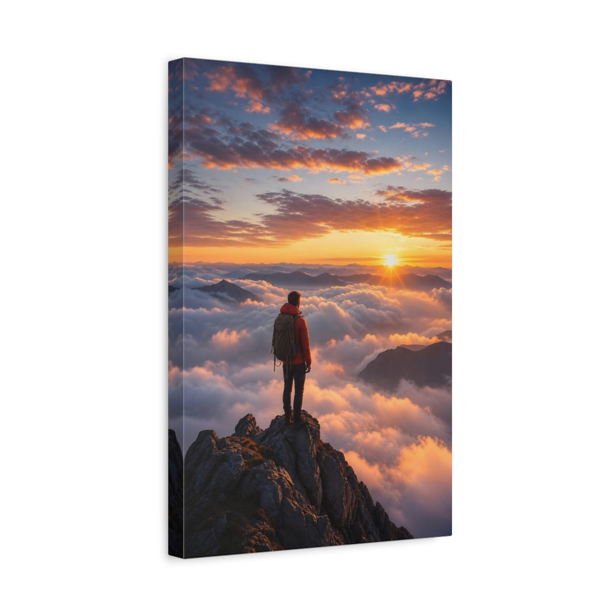 Nature Hiker Sunset Mountain Canvas Wall Art Print - Living Room, Above Sofa shown as canvas wall art