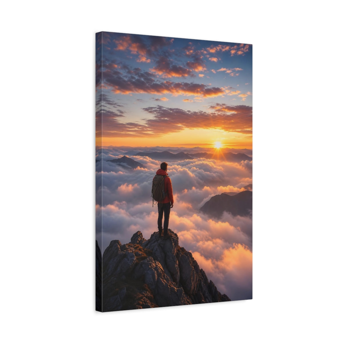 Nature Hiker Sunset Mountain Canvas Wall Art Print - Living Room, Above Sofa shown as canvas wall art
