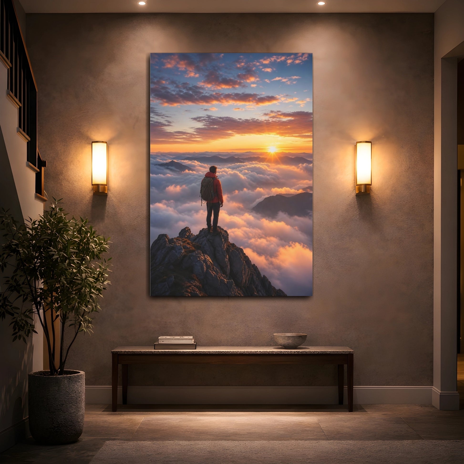 Nature Hiker Sunset Mountain Canvas Wall Art Print - Living Room, Above Sofa shown as canvas wall art