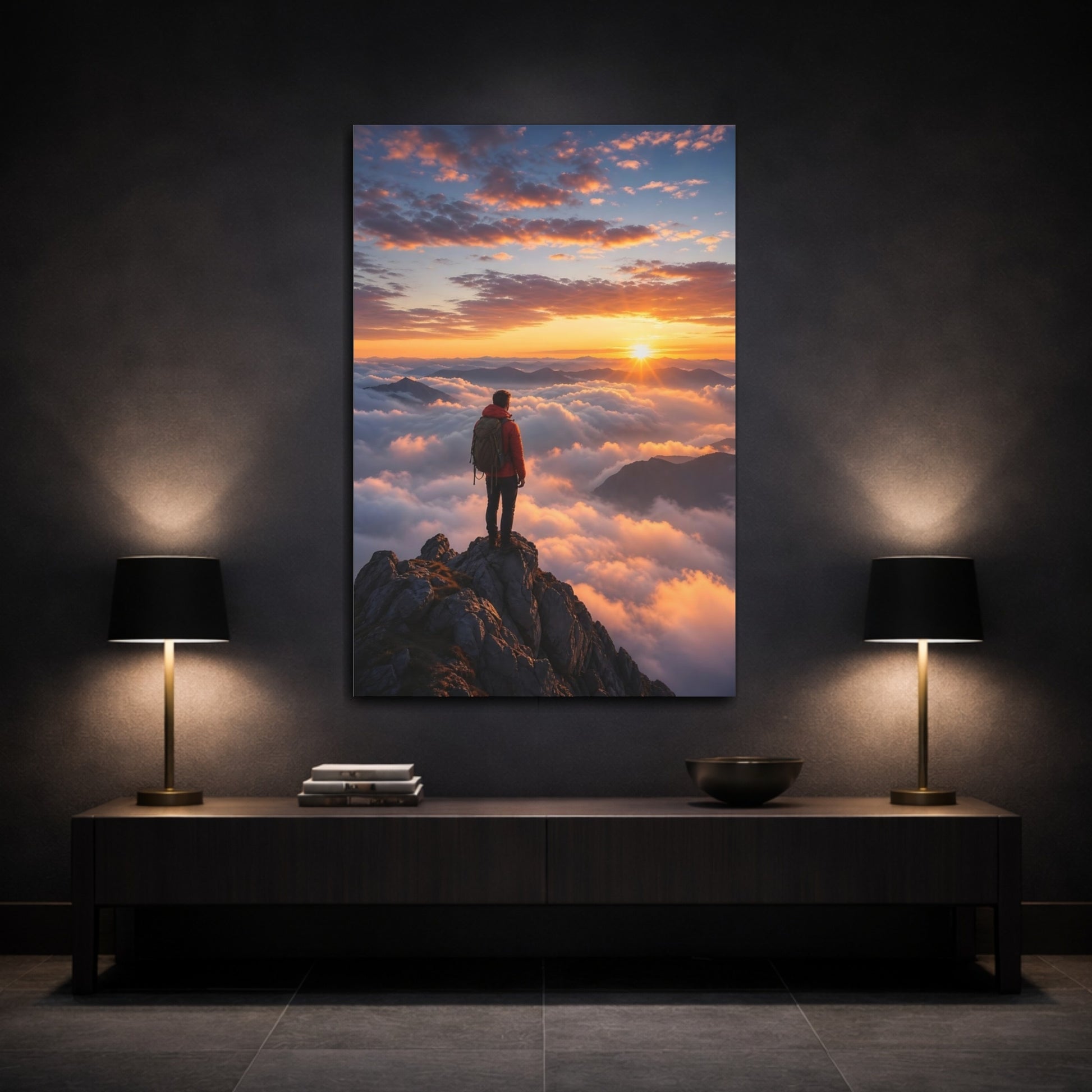 Nature Hiker Sunset Mountain Canvas Wall Art Print - Living Room, Above Sofa shown as canvas wall art