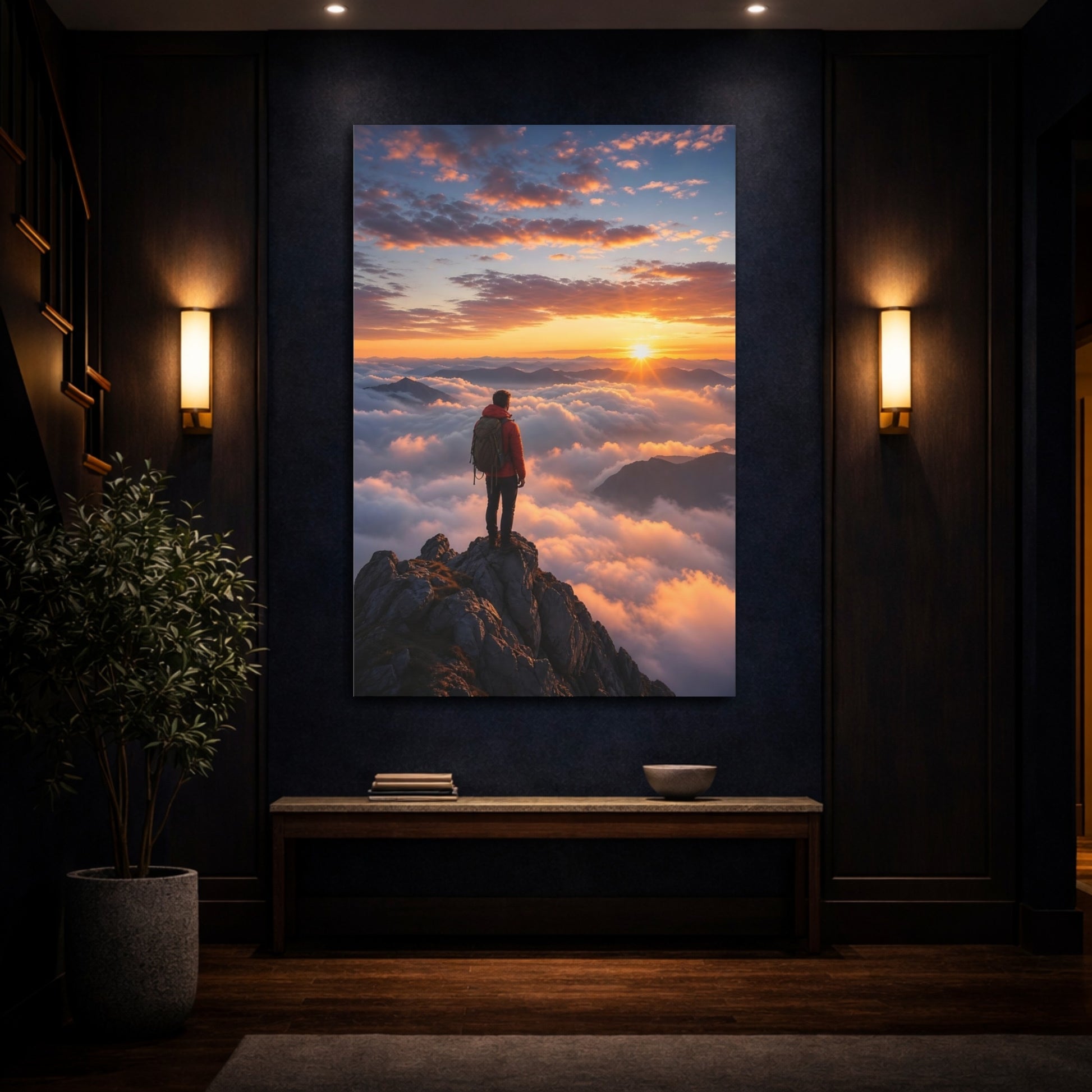 Nature Hiker Sunset Mountain Canvas Wall Art Print - Living Room, Above Sofa shown as canvas wall art