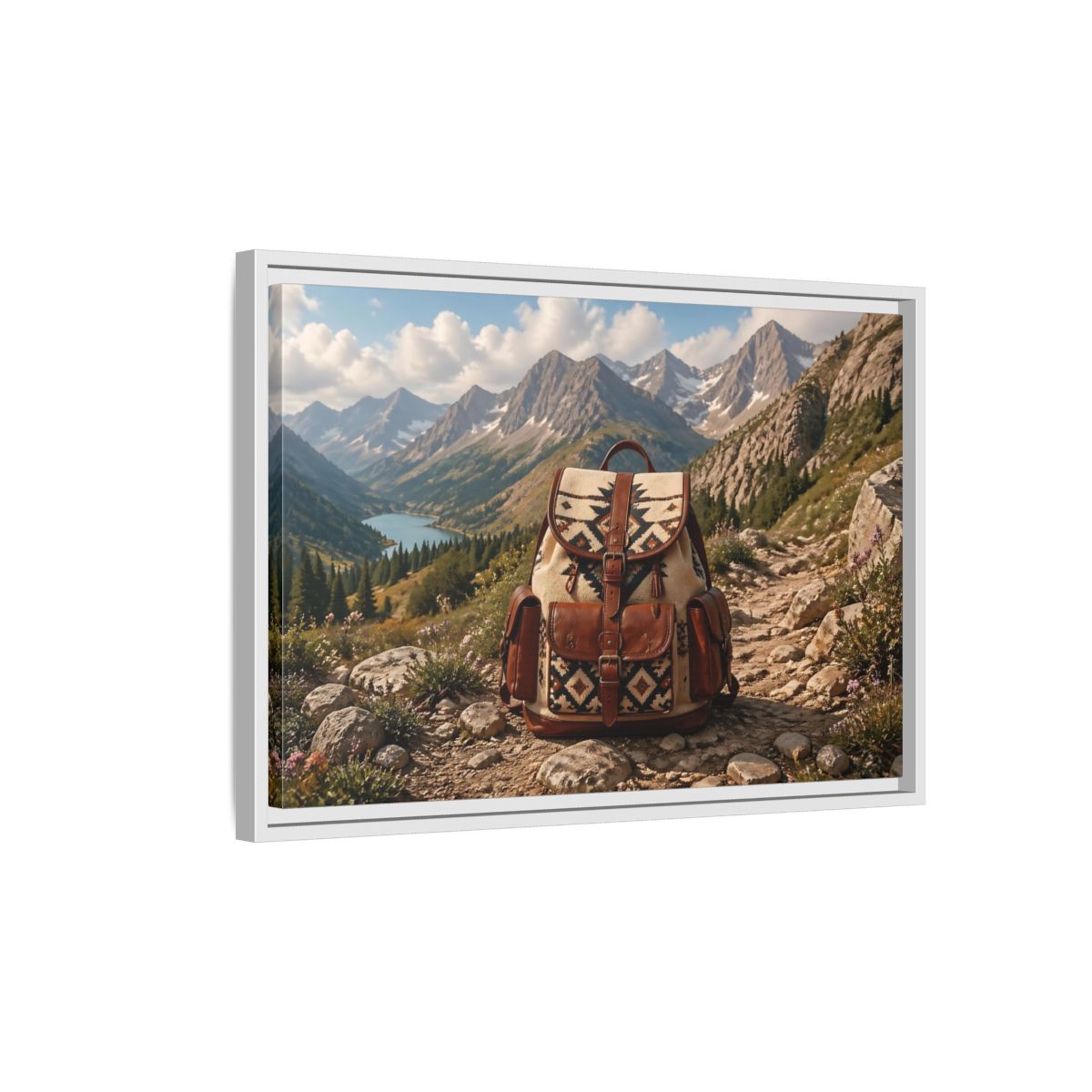 Side Mockup 1. Nature Hiking Backpack Mountain Adventure shown as stretched canvas wall art