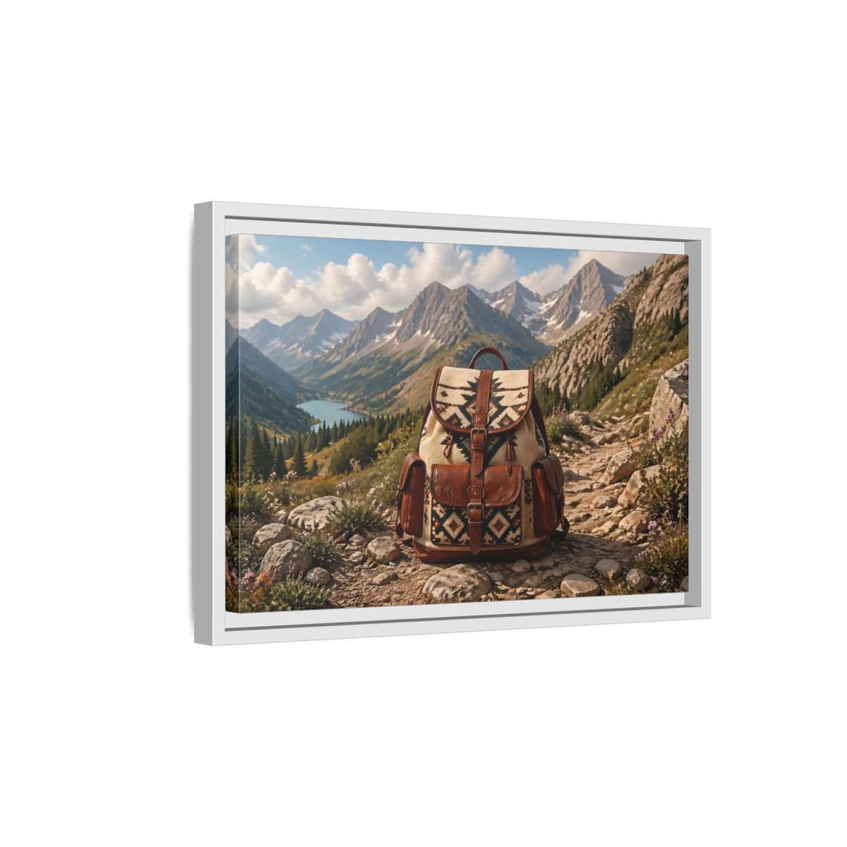Side Mockup 4. Nature Hiking Backpack Mountain Adventure shown as stretched canvas wall art