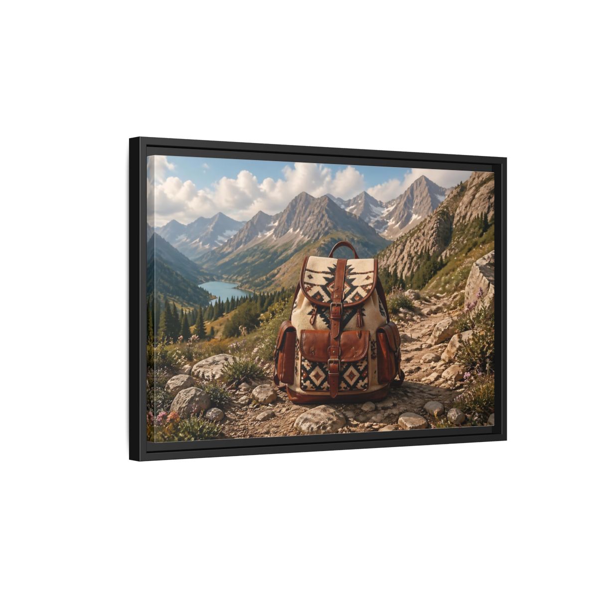 Side Mockup 3. Nature Hiking Backpack Mountain Adventure shown as stretched canvas wall art