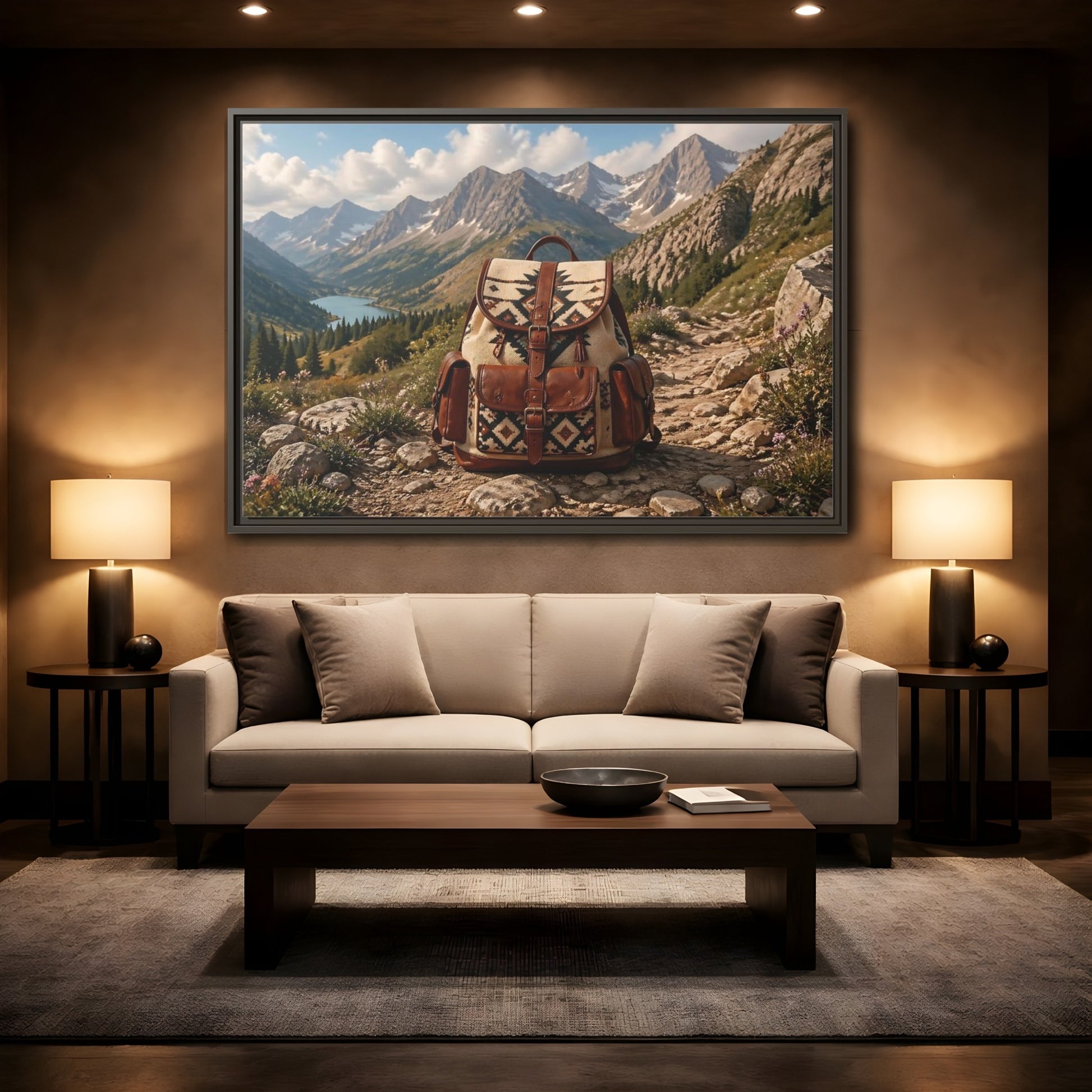 Mockup 2. Nature Hiking Backpack Mountain Adventure shown as stretched canvas wall art