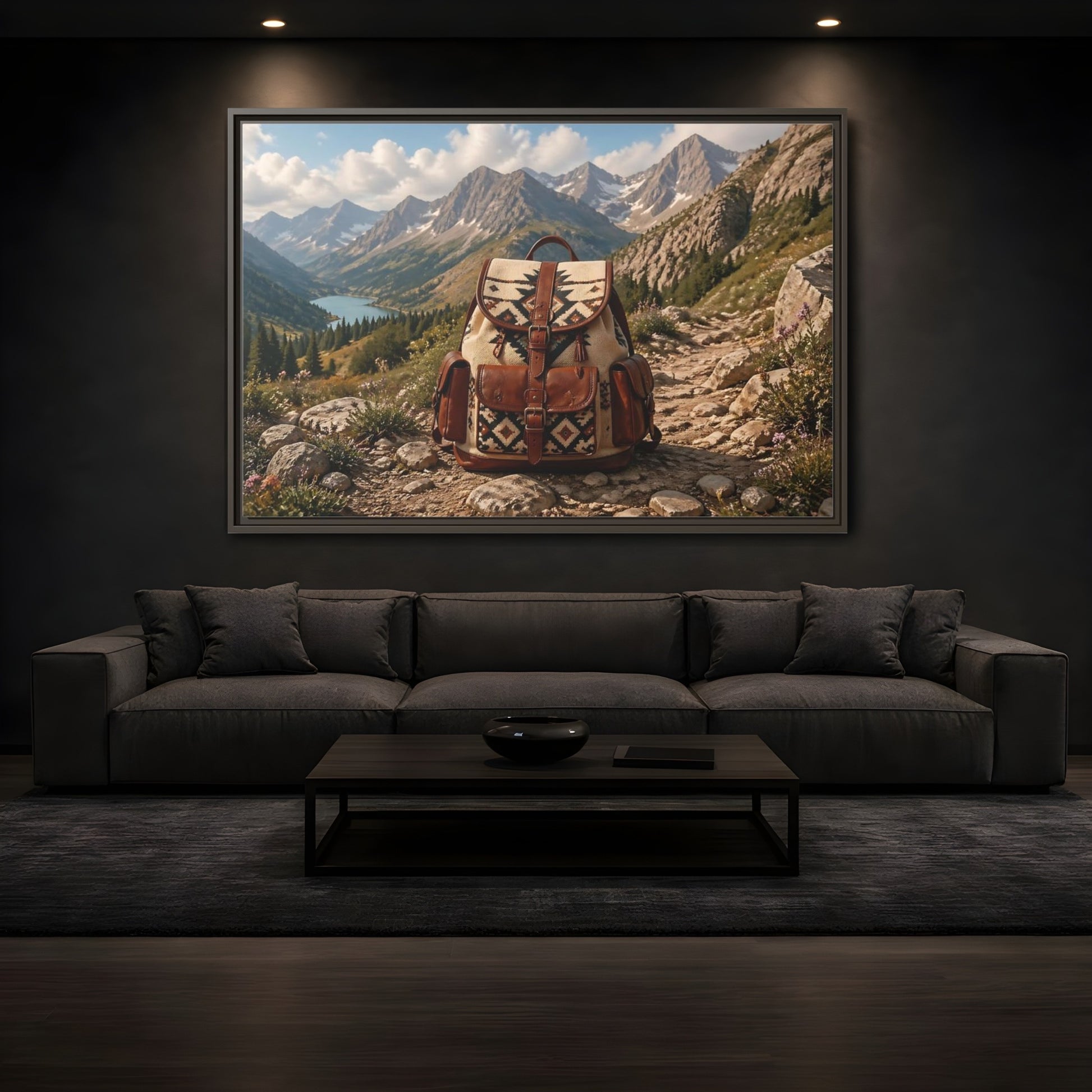 Mockup 3. Nature Hiking Backpack Mountain Adventure shown as stretched canvas wall art