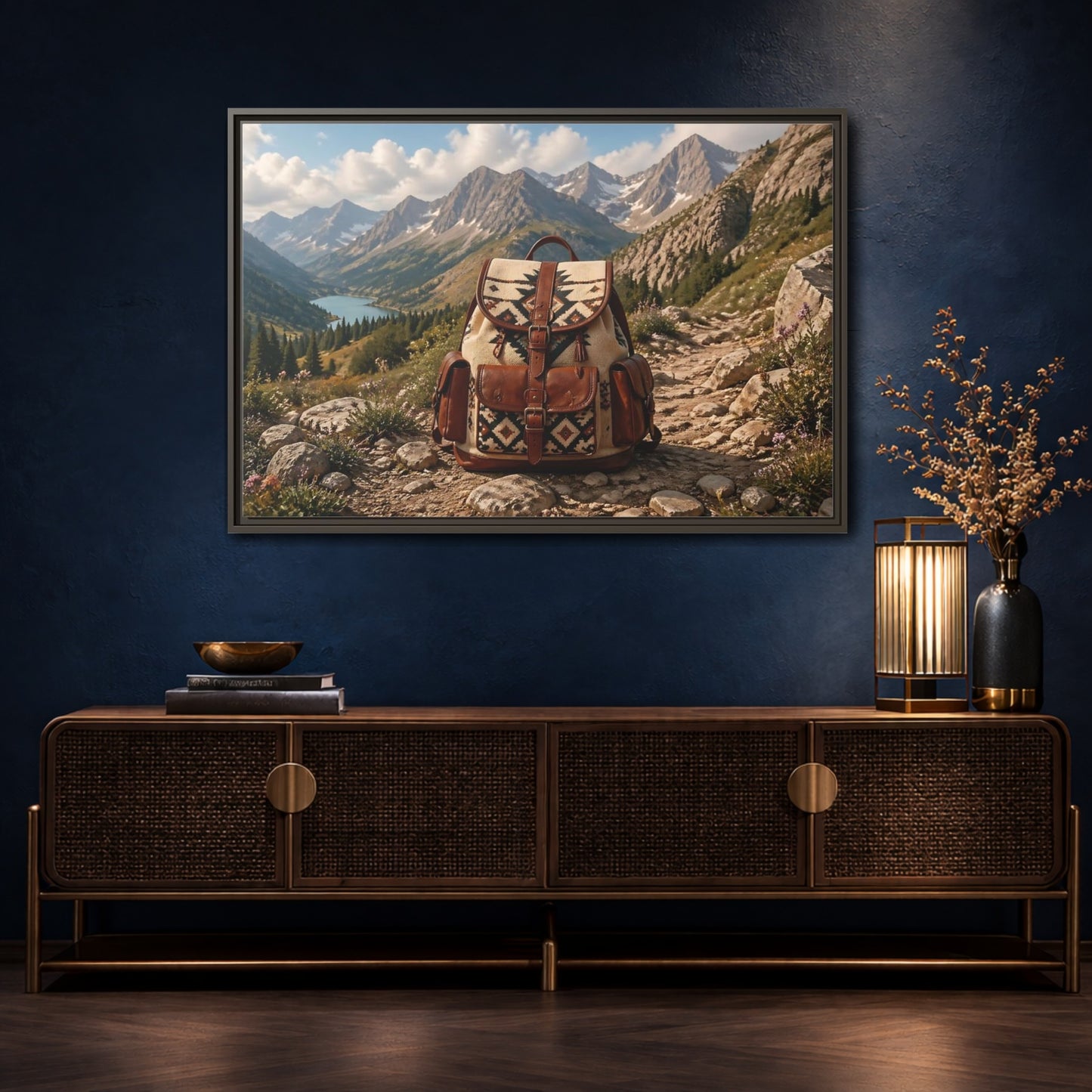 Mockup 4. Nature Hiking Backpack Mountain Adventure shown as stretched canvas wall art