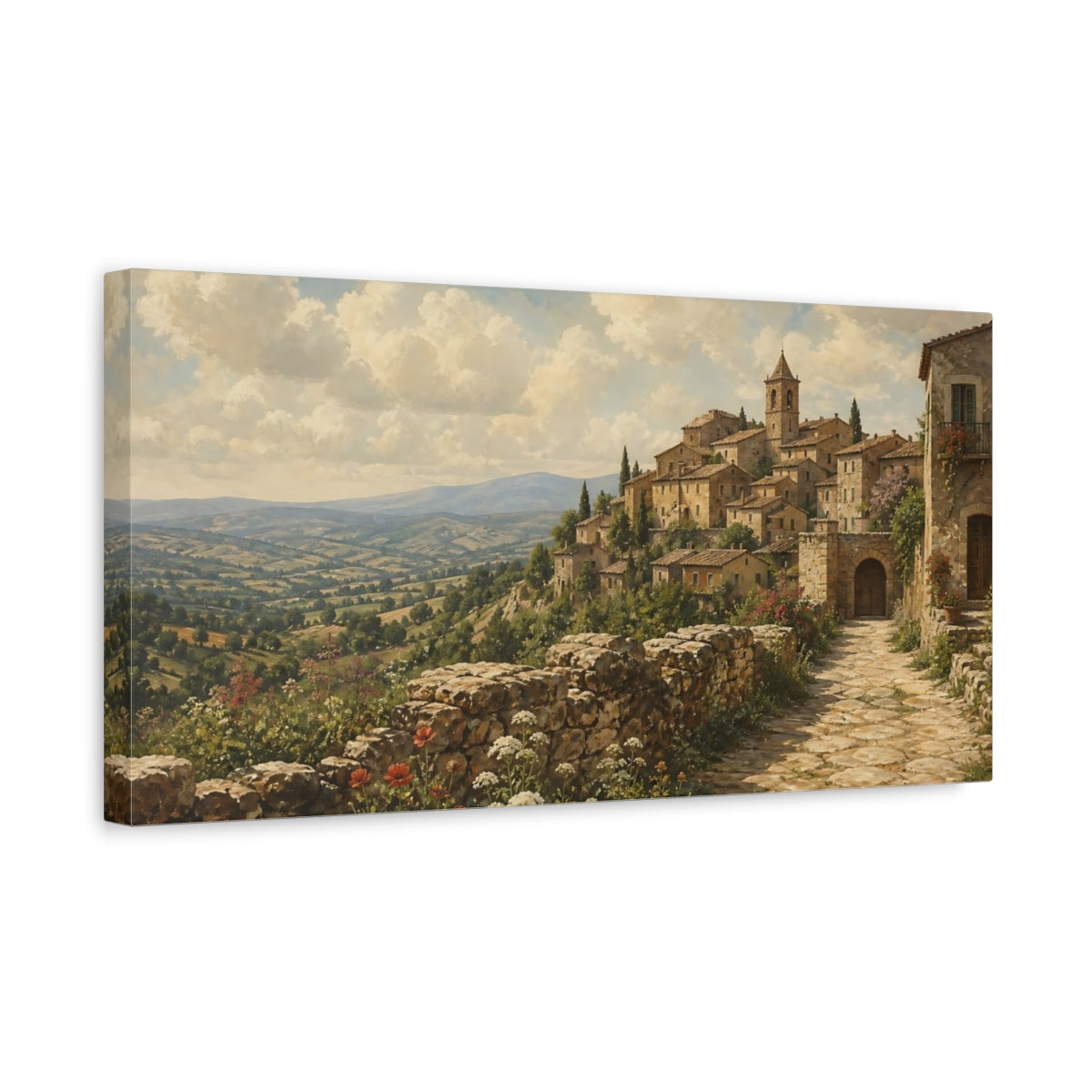 Side Mockup 3. Nature Hilltop Village Tuscan Village Landscape shown as stretched canvas wall art