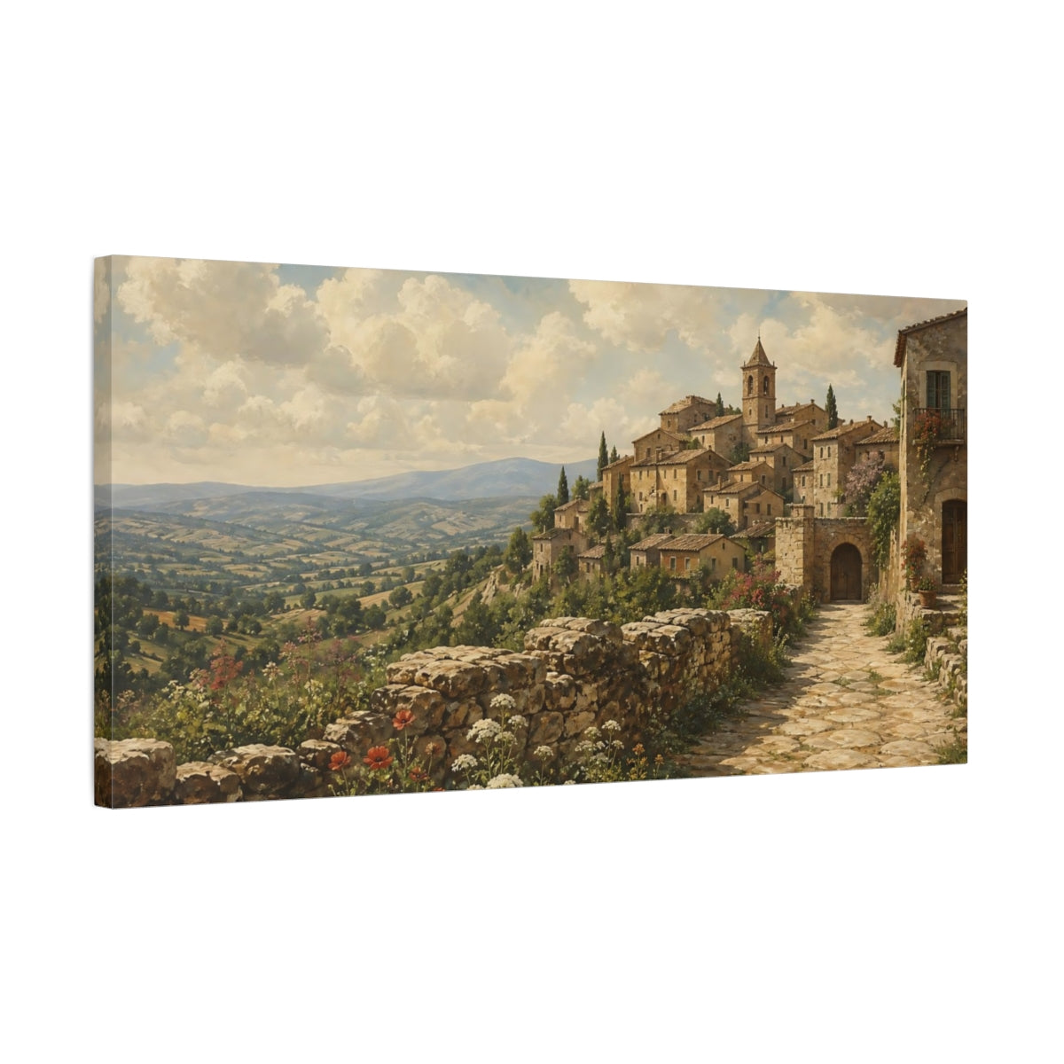 Side Mockup 1. Nature Hilltop Village Tuscan Village Landscape shown as stretched canvas wall art