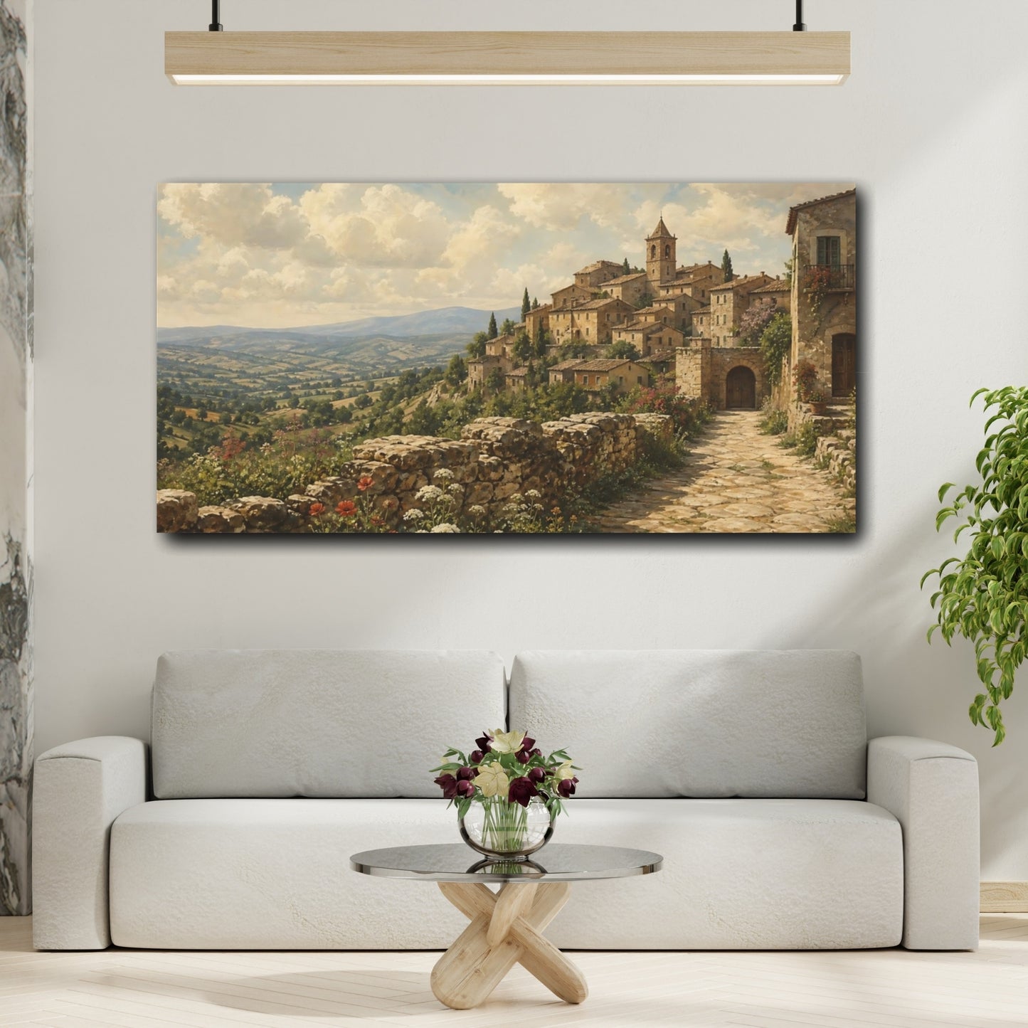 Mockup 2. Nature Hilltop Village Tuscan Village Landscape shown as stretched canvas wall art