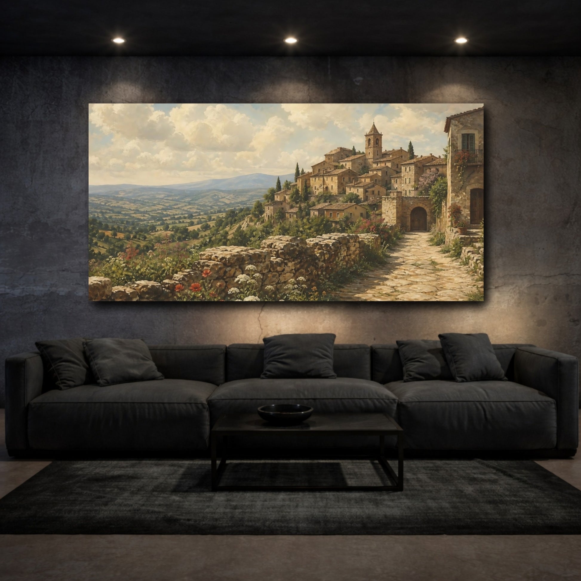 Mockup 3. Nature Hilltop Village Tuscan Village Landscape shown as stretched canvas wall art